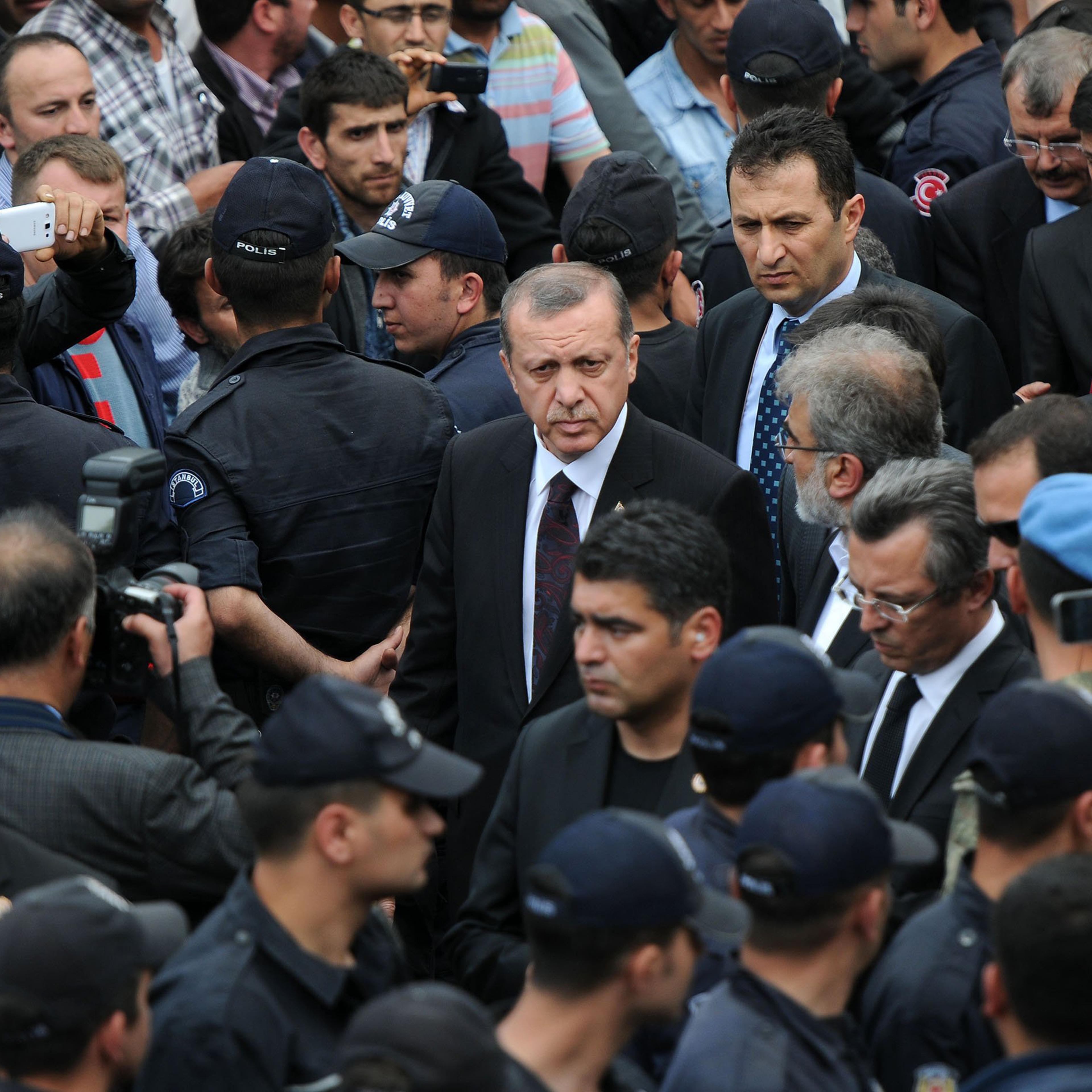 Prime Minister Recep Tayyip Erdogan visits scene of accident following the coal mine fire disaster in Soma district of Manisa, western Turkish province, on May 14, 2014.