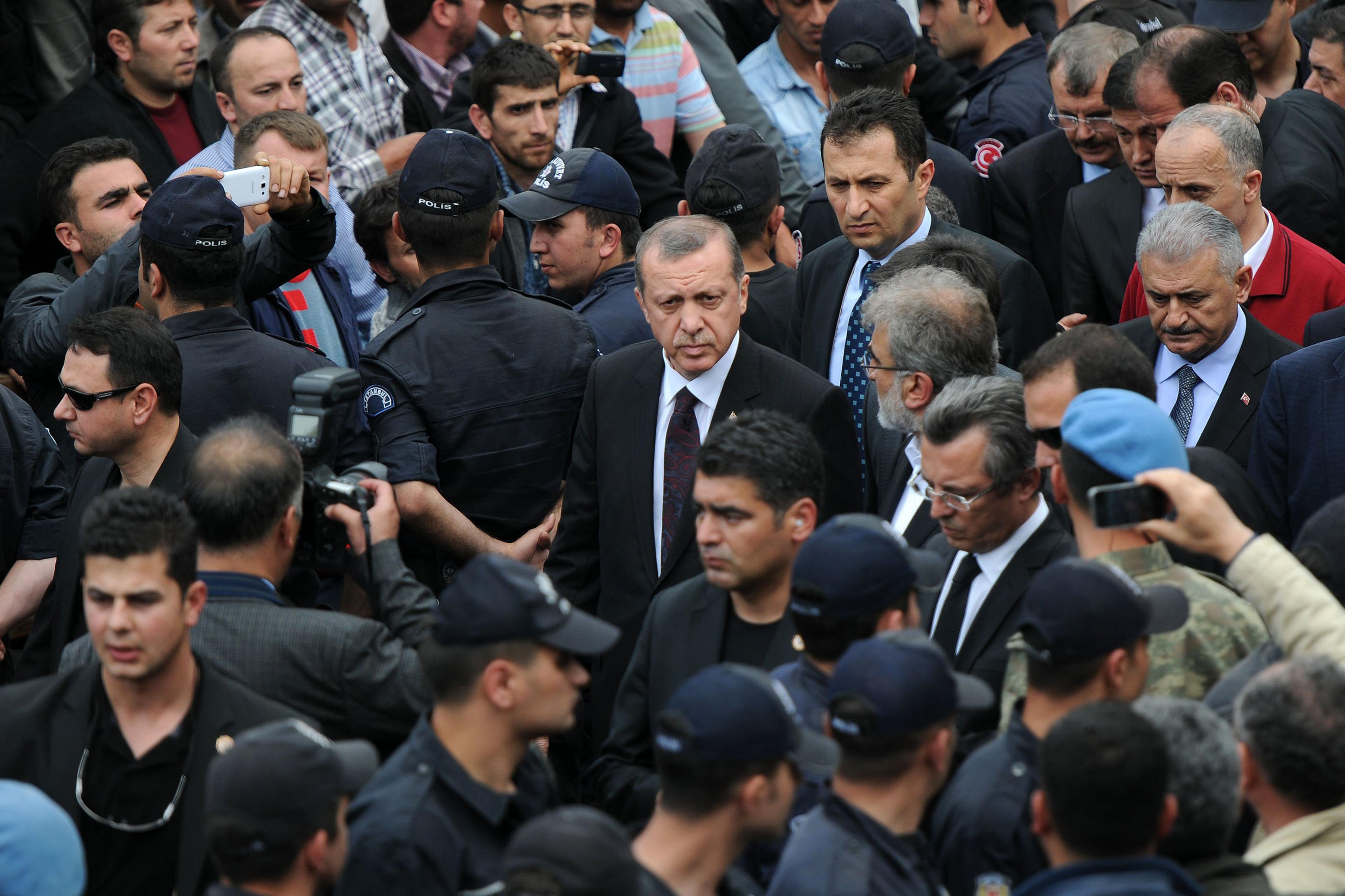 Prime Minister Recep Tayyip Erdogan visits scene of accident following the coal mine fire disaster in Soma district of Manisa, western Turkish province, on May 14, 2014.