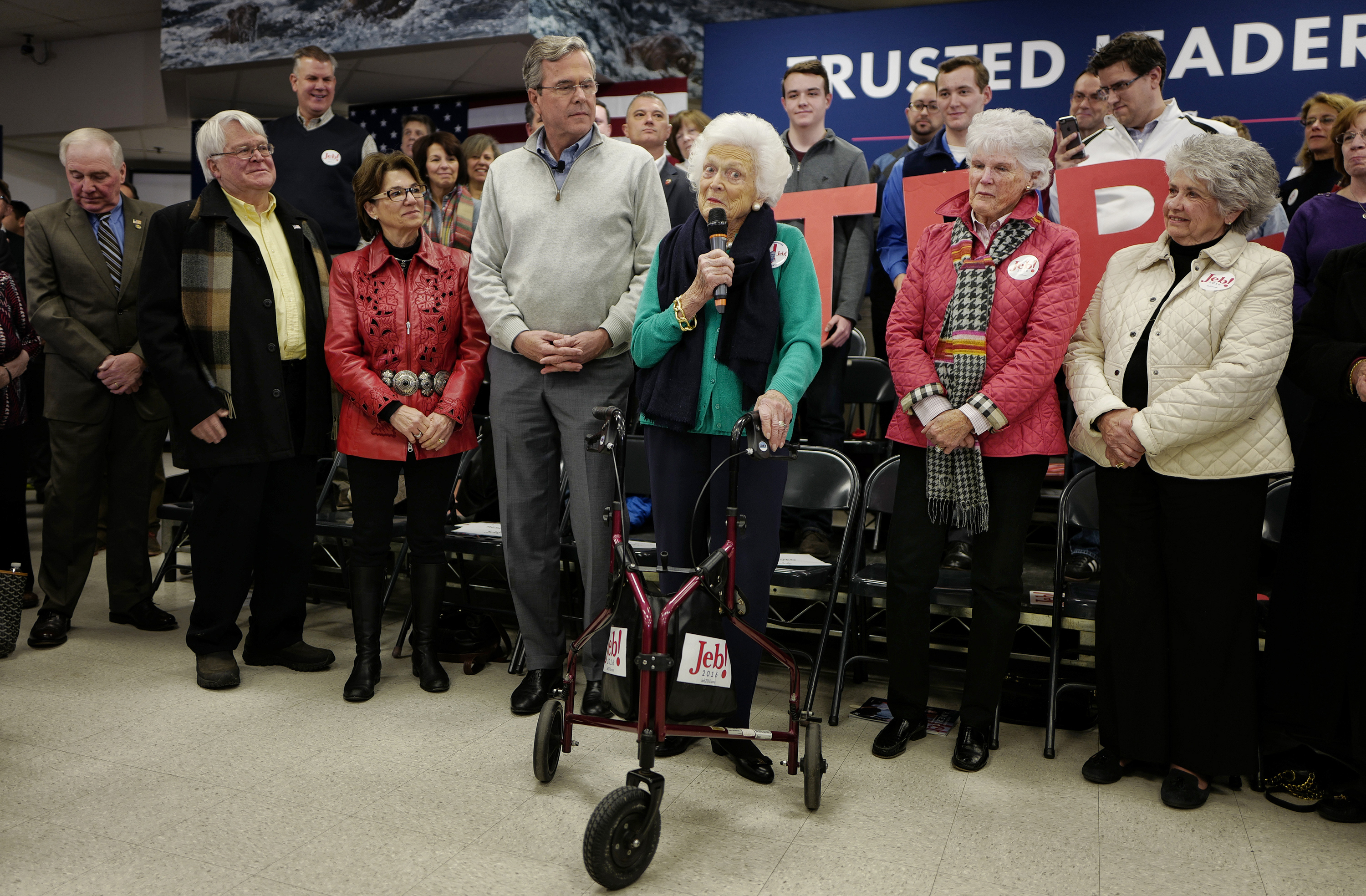 DERRY, NH - FEBRUARY 4: Republican presidential candidate Governor Jeb Bush is introduced by his mother Barbara Bush before holding a town hall meeting at West Running Brook Middle School in Derry, New Hampshire on February 4, 2016. (Photos by Charles Om