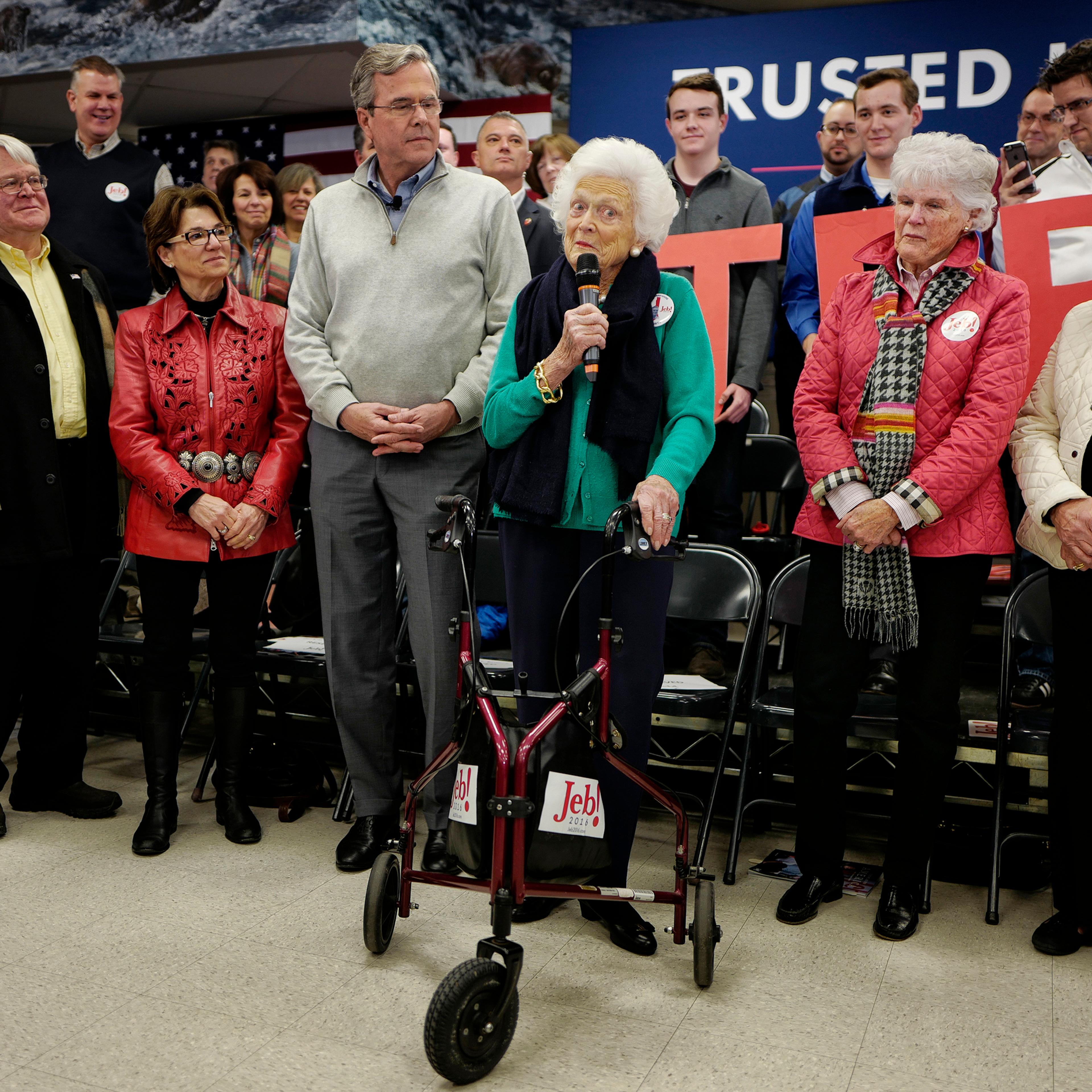 DERRY, NH - FEBRUARY 4: Republican presidential candidate Governor Jeb Bush is introduced by his mother Barbara Bush before holding a town hall meeting at West Running Brook Middle School in Derry, New Hampshire on February 4, 2016. (Photos by Charles Om