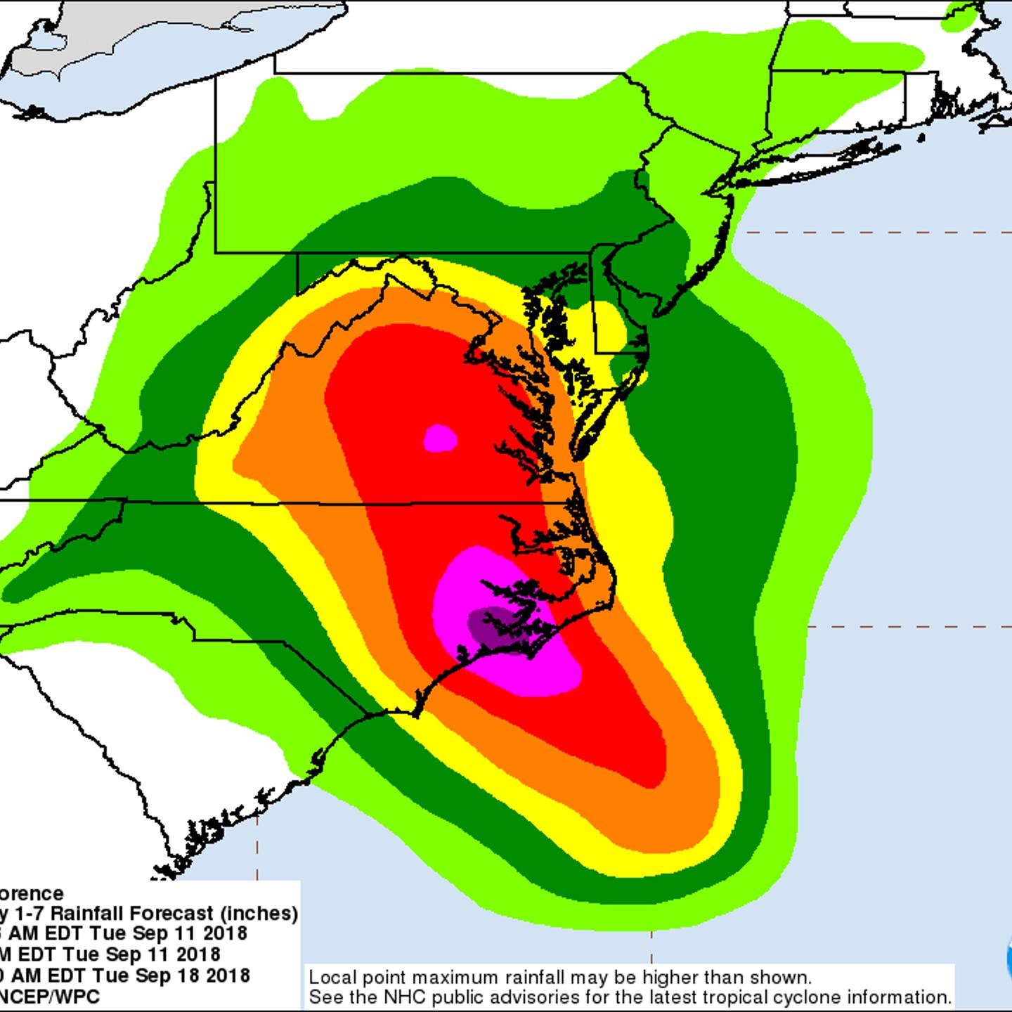 Hurricane Florence Rainfall Predictions Tuesday