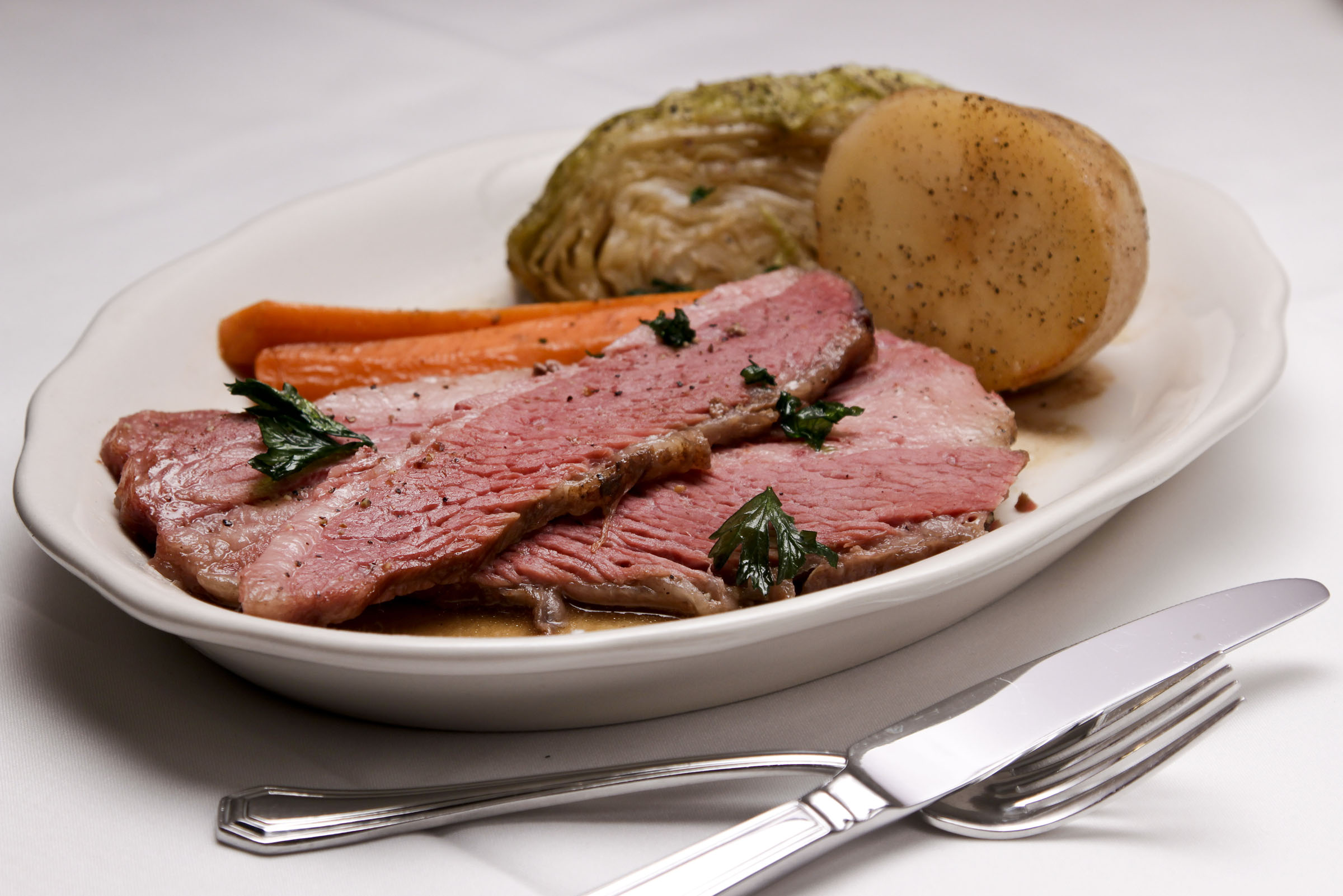 LOS ANGELES, CA - OCTOBER 19, 2012 - Corned Beef and Cabbage served at TOM BERGIN's Irish pub, on Fa