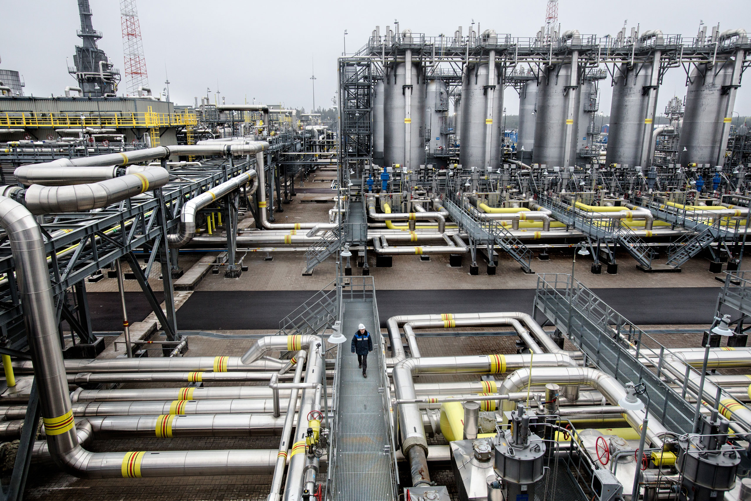 The Portovaya compressor station where Russian gas is compressed before it is piped across the Baltic Sea bed to supply energy to Europe. With sanctions over Russia's incursion into Ukraine and tumbling world energy prices, Russia’s economy has slowed, N