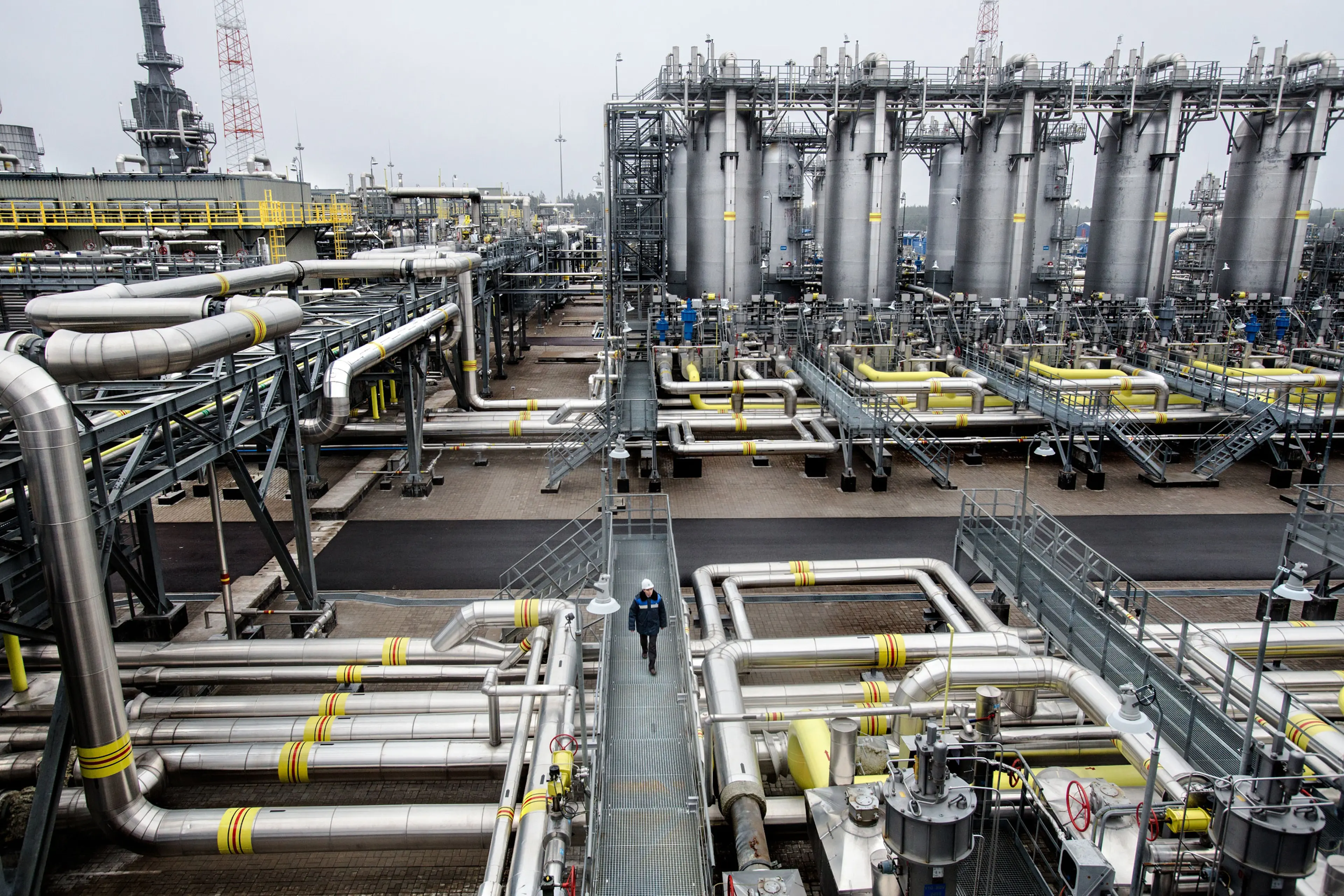 The Portovaya compressor station where Russian gas is compressed before it is piped across the Baltic Sea bed to supply energy to Europe. With sanctions over Russia's incursion into Ukraine and tumbling world energy prices, Russia’s economy has slowed, N