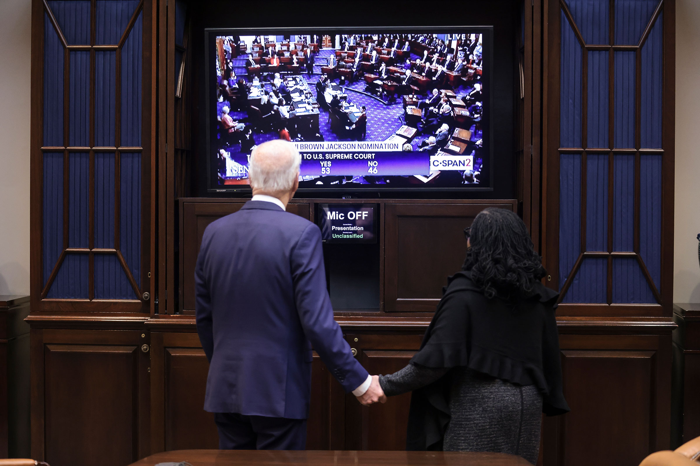 WASHINGTON, DC - APRIL 7: President Joe Biden congratulates Ket