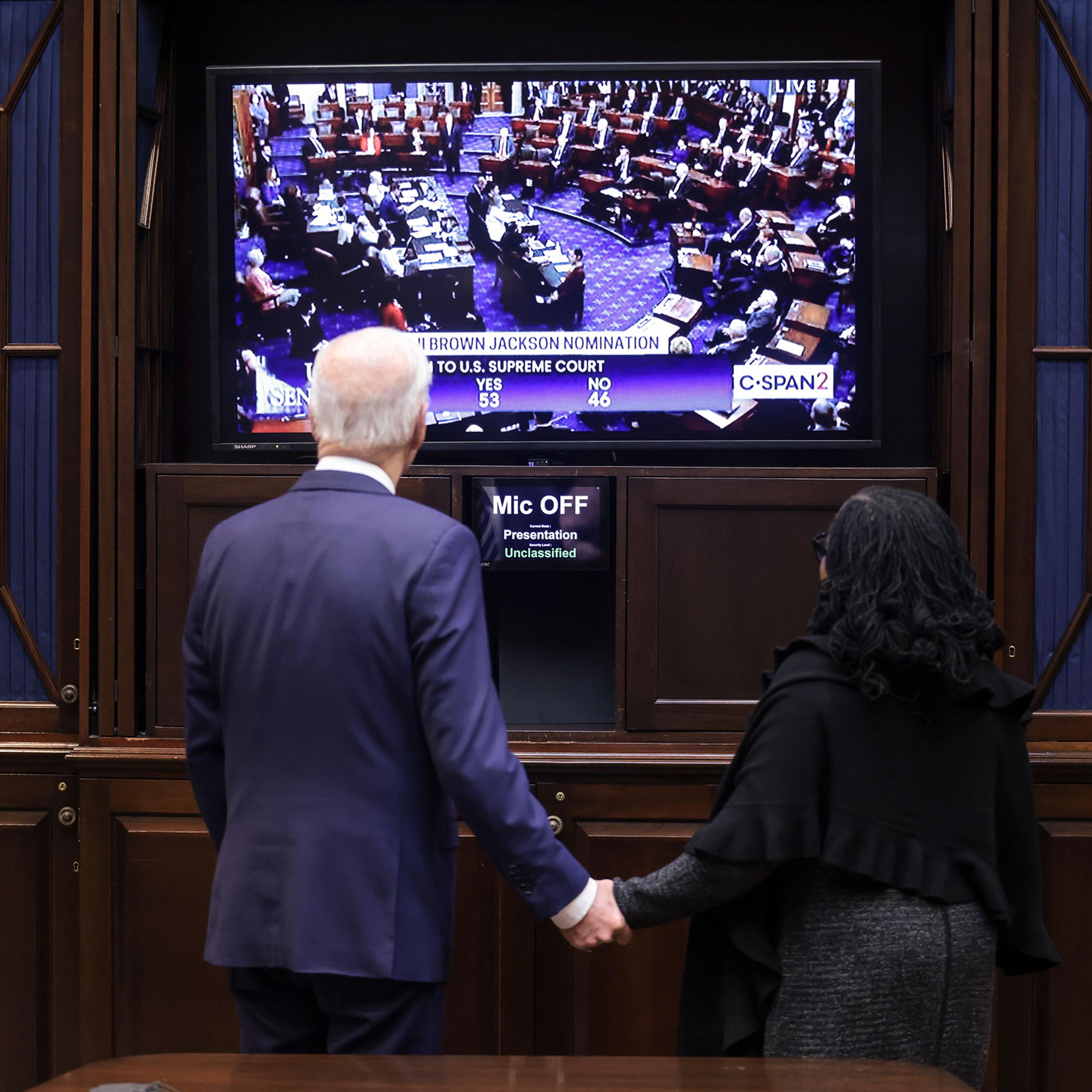 WASHINGTON, DC - APRIL 7: President Joe Biden congratulates Ket