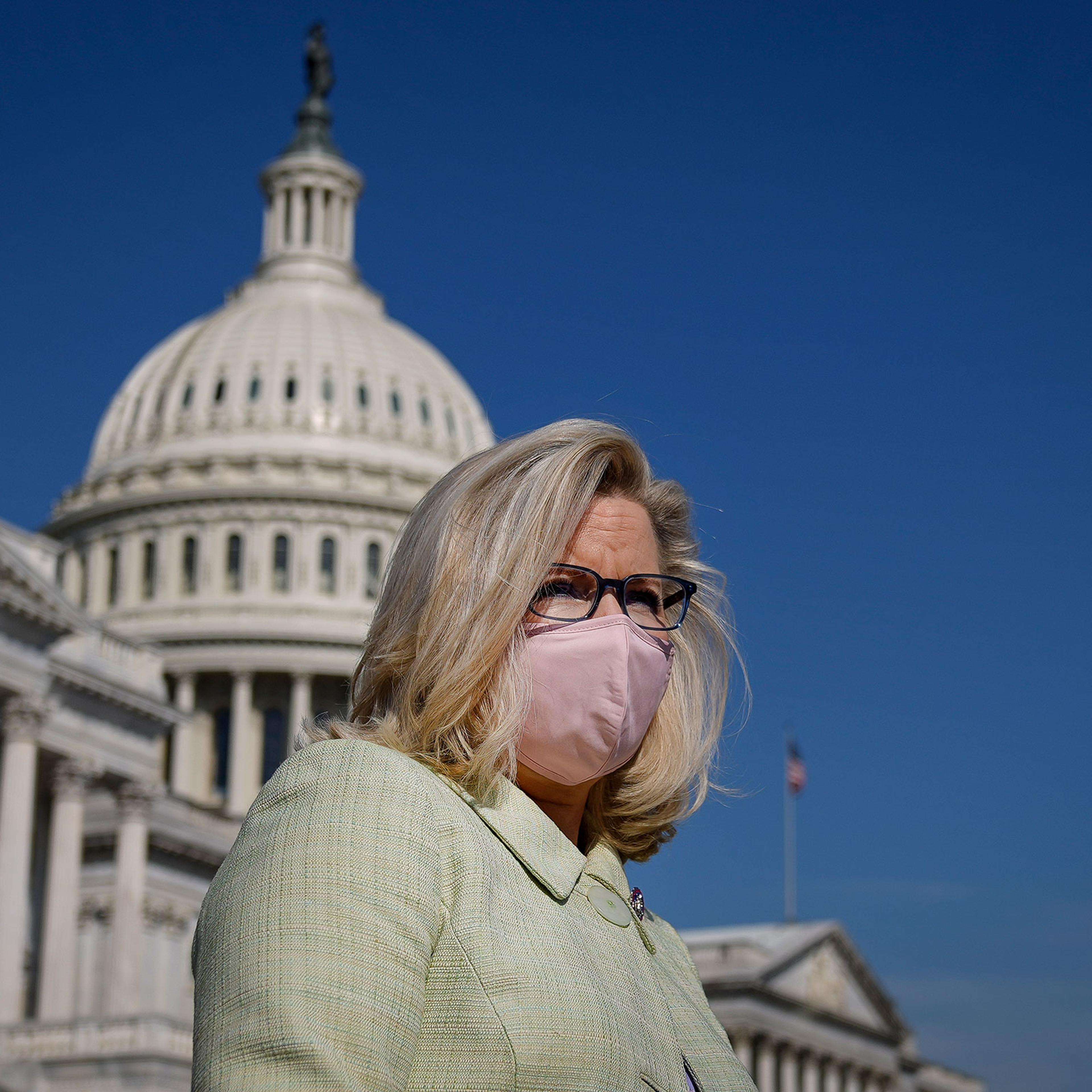 House Republican Conference Chair Rep. Liz Cheney departs a news conference with House Republicans on March 11, 2021 in Washington.