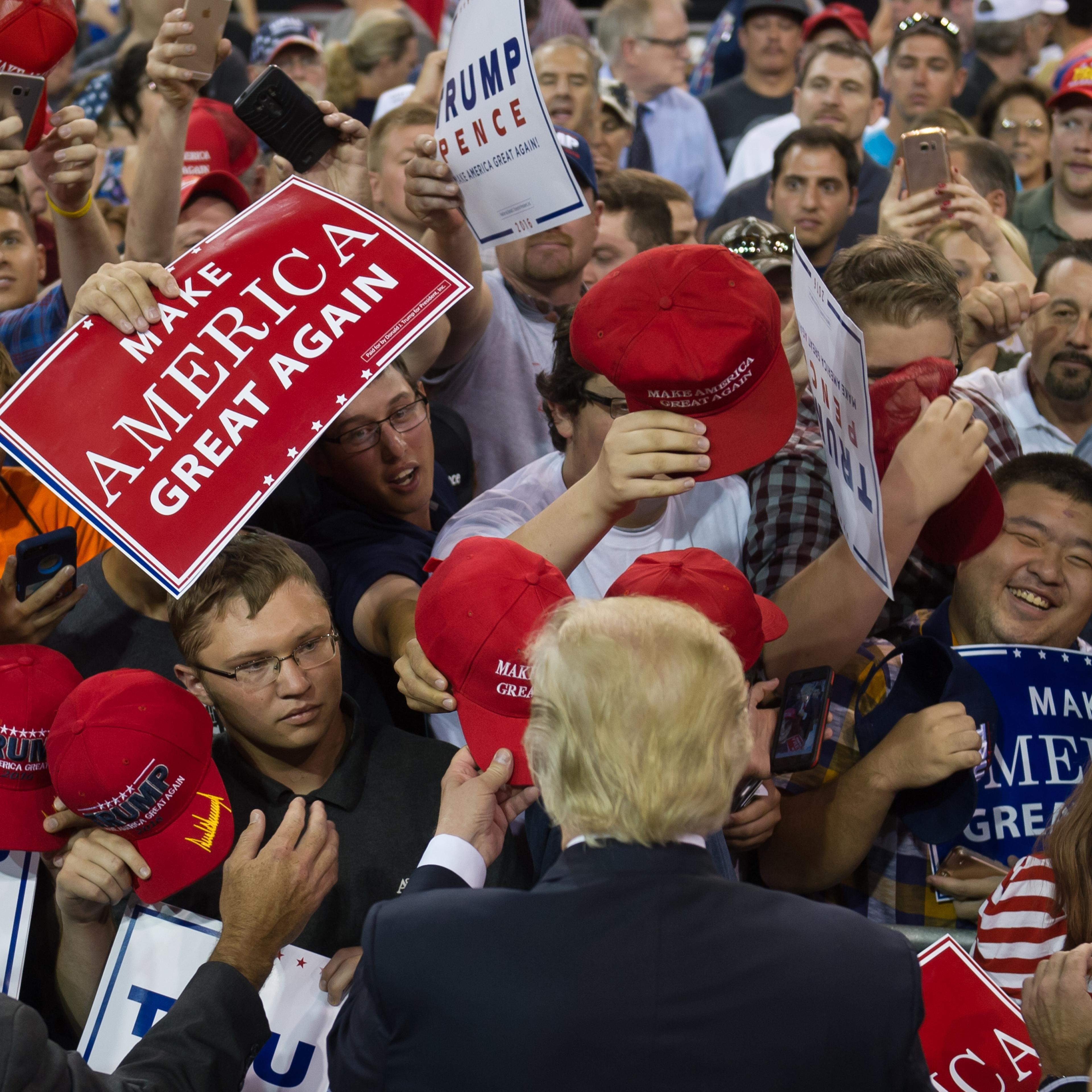 Republican candidate for President Donald Trump speaks to supporters at a rally at Erie Insurance Arena in Erie, Penn., on Aug. 12, 2016.