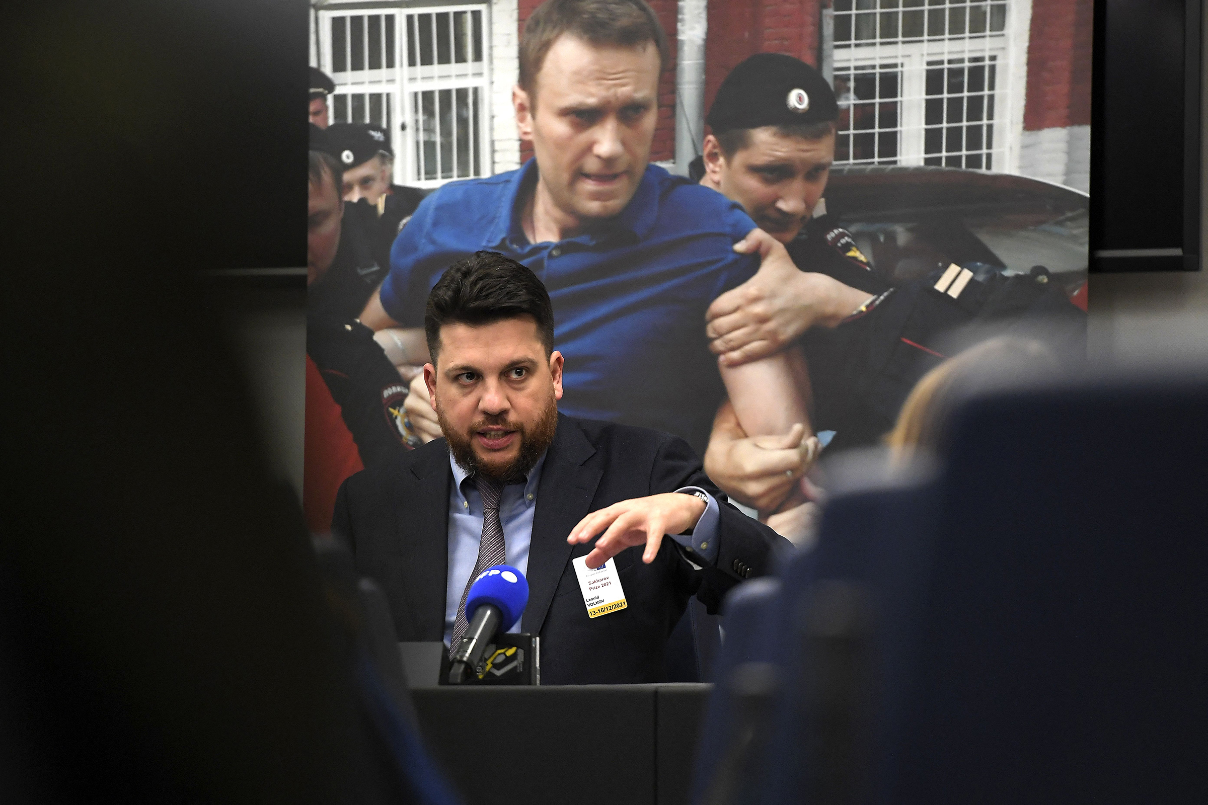 Chief of Staff of Russian opposition leader Alexei Navalny, Leonid Volkov speaks during an interview at the European Parliament in Strasbourg, France on Dec. 14, 2021