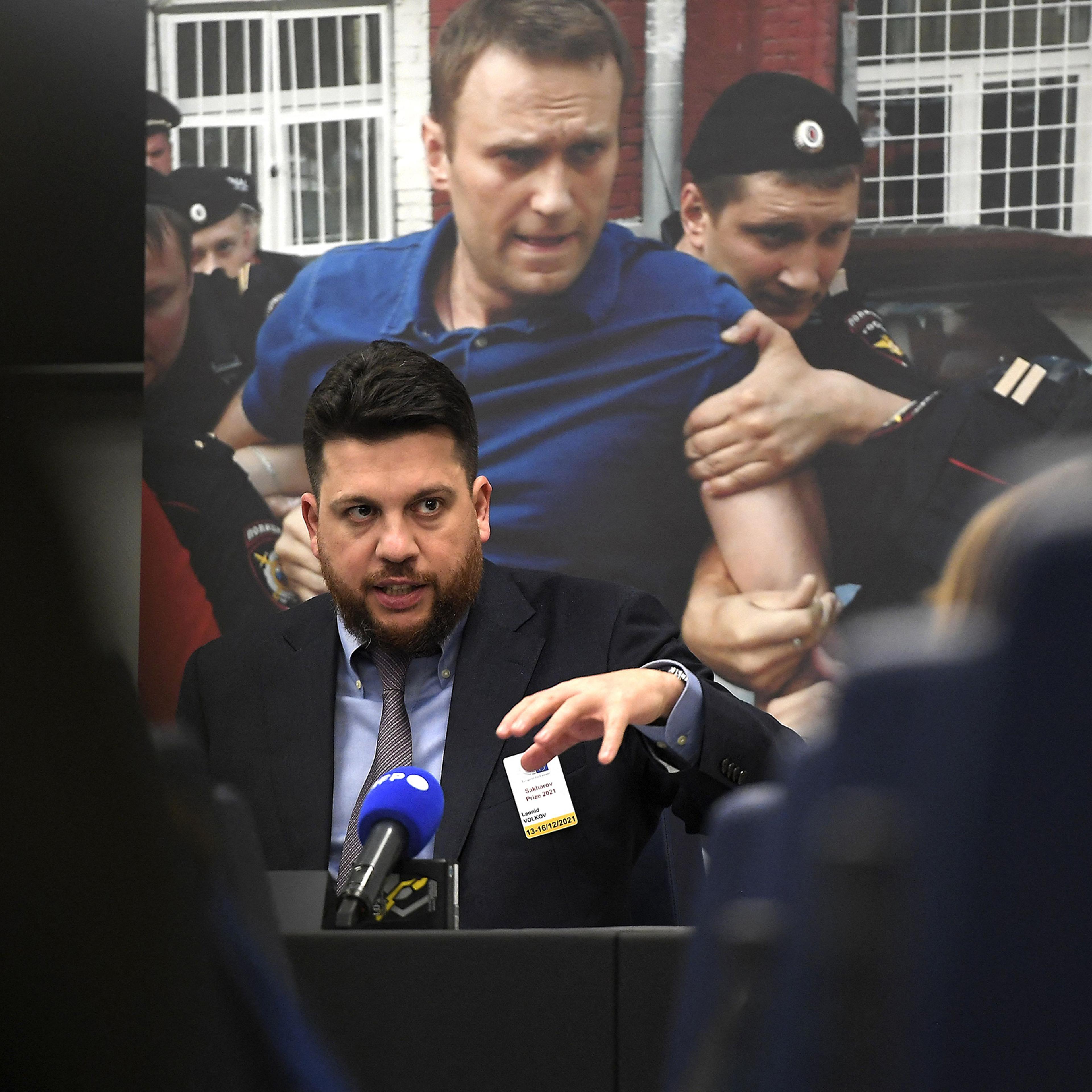 Chief of Staff of Russian opposition leader Alexei Navalny, Leonid Volkov speaks during an interview at the European Parliament in Strasbourg, France on Dec. 14, 2021