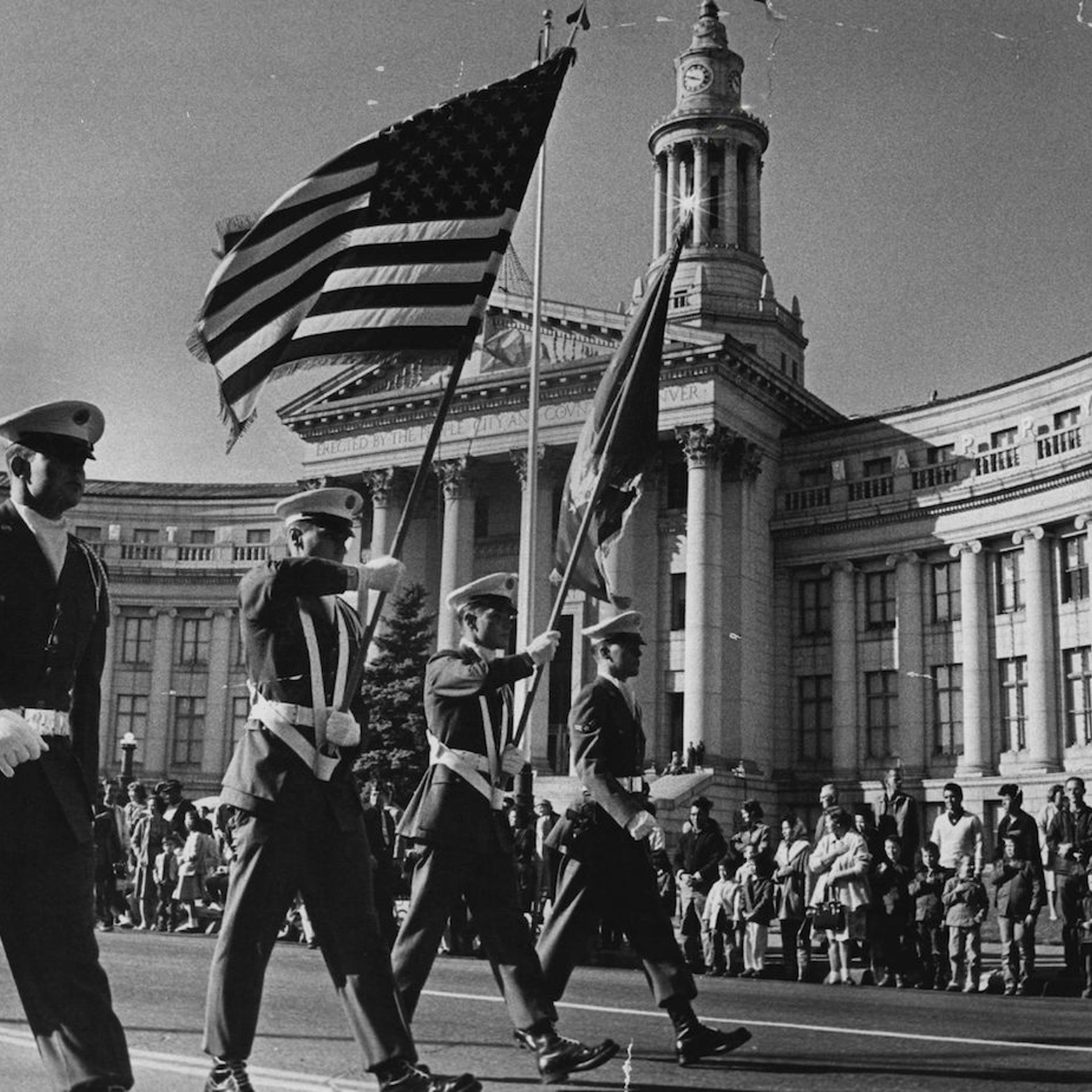 NOV 11 1963, MAY 23 1966, MAY 29 1963; The Lowry Air Force Base Color Guard Strides Past The Civic C