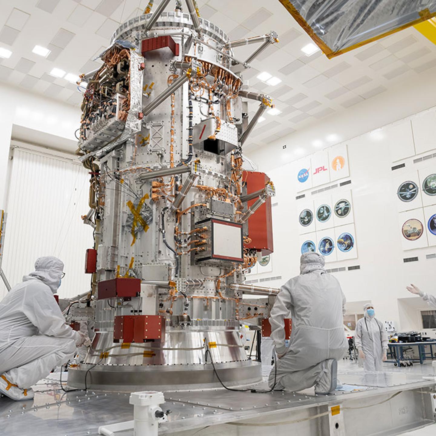 The Europa Clipper spacecraft undergoes construction in High Bay 1 at NASA's Jet Propulsion Laboratory