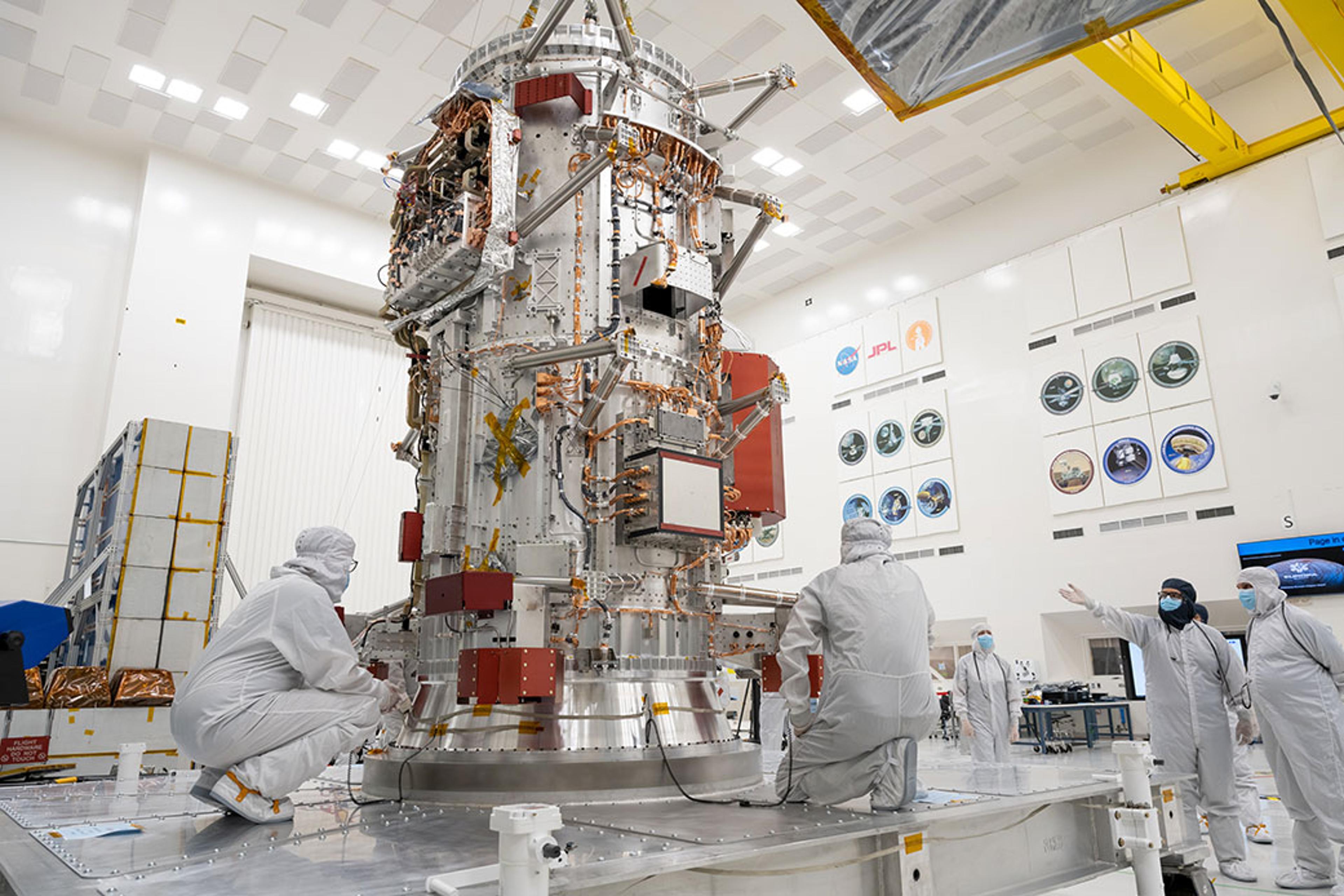 The Europa Clipper spacecraft undergoes construction in High Bay 1 at NASA's Jet Propulsion Laboratory