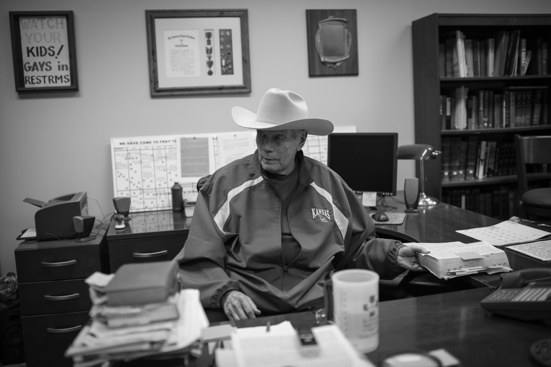Pastor Fred Phelps, 81 here, in his home office in Topeka, Kans. Pastor Phelps founded the Phelps Chartered Law Firm in 1964, but was disbarred from practicing law in Kansas in 1979 for making false statements.