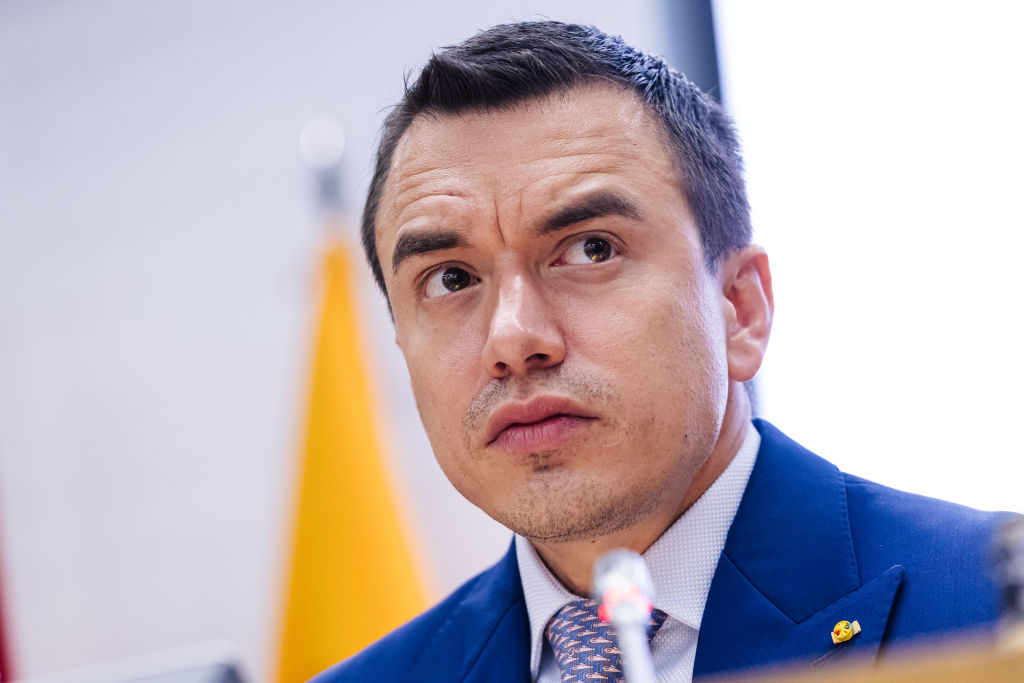 The President of the Republic of Ecuador, Daniel Noboa, speaks during the Spain-Ecuador business meeting at the headquarters of the CEOE, on 25 January, 2024 in Madrid, Spain.