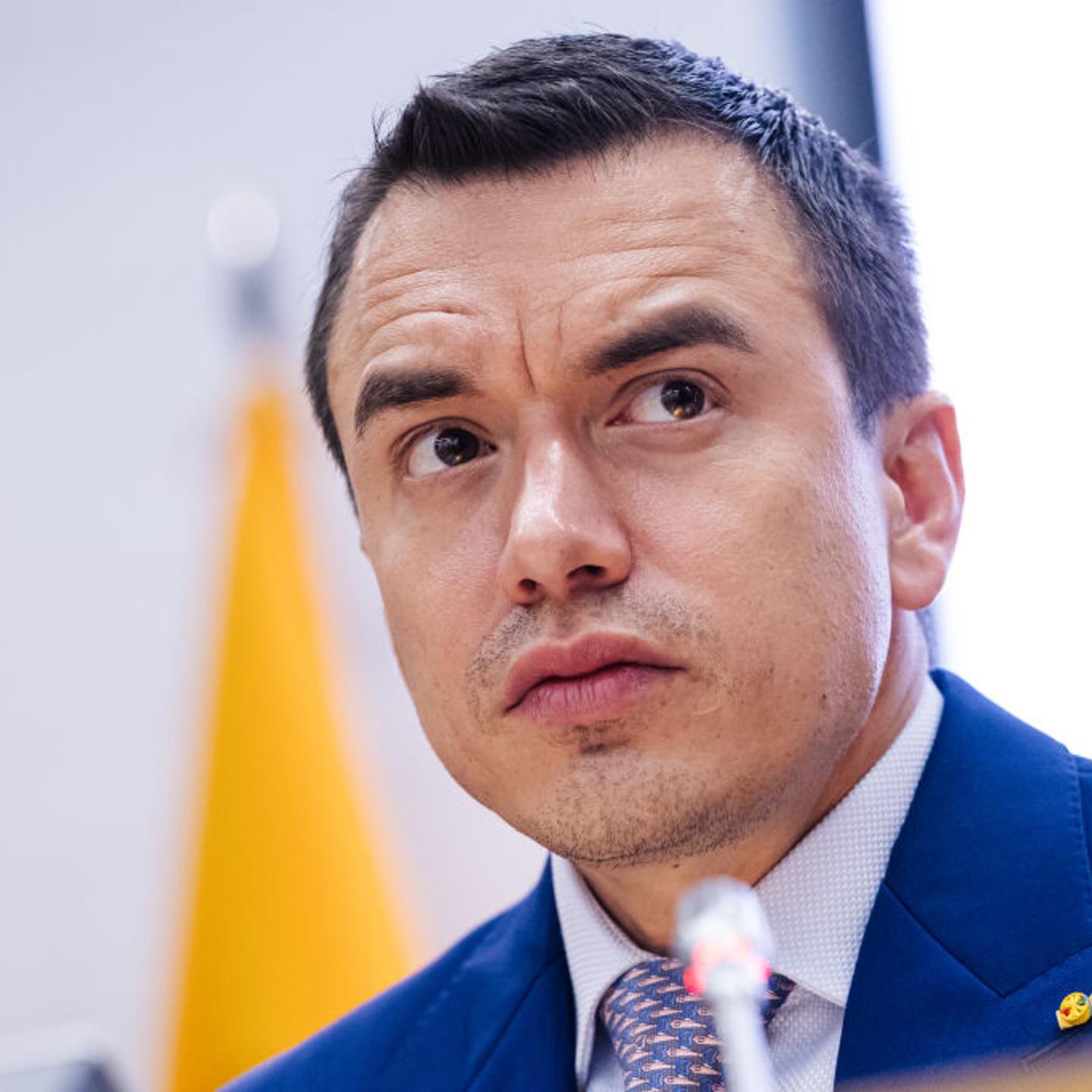 The President of the Republic of Ecuador, Daniel Noboa, speaks during the Spain-Ecuador business meeting at the headquarters of the CEOE, on 25 January, 2024 in Madrid, Spain.