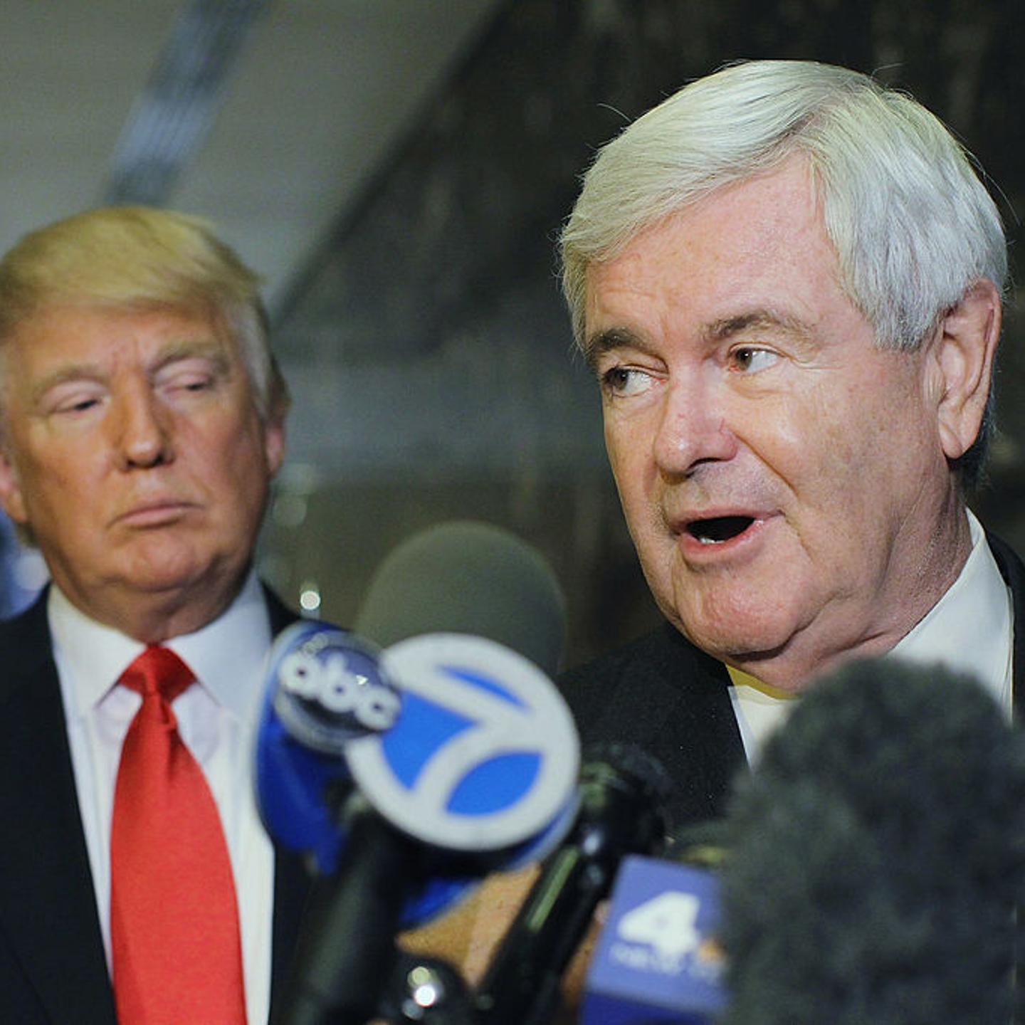 Newt Gingrich (R) speaks to the media as Donald Trump listens at Trump Tower following a meeting between the two on Dec. 5, 2011 in New York City.