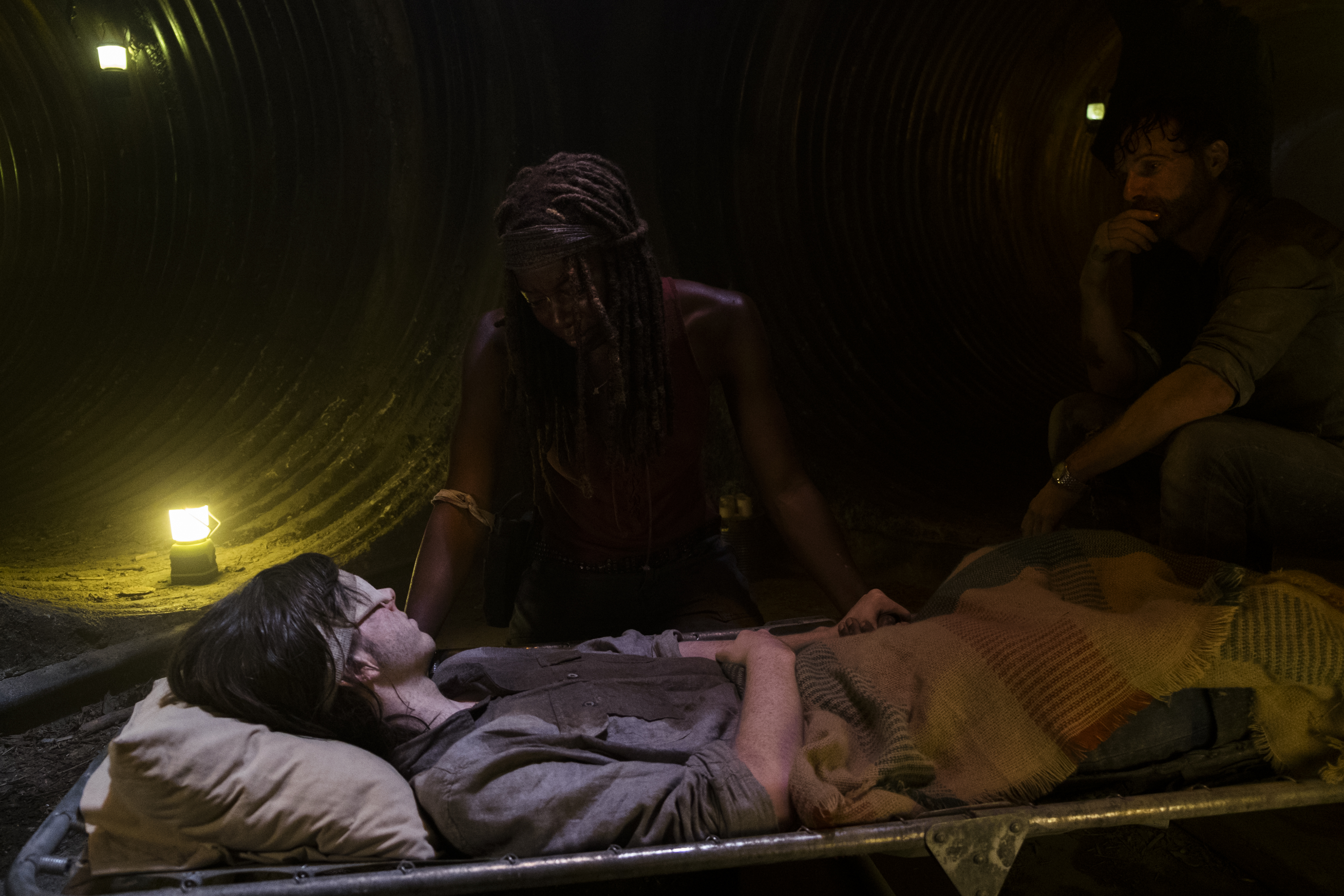 Andrew Lincoln as Rick Grimes, Chandler Riggs as Carl Grimes, Danai Gurira as Michonne - The Walking Dead