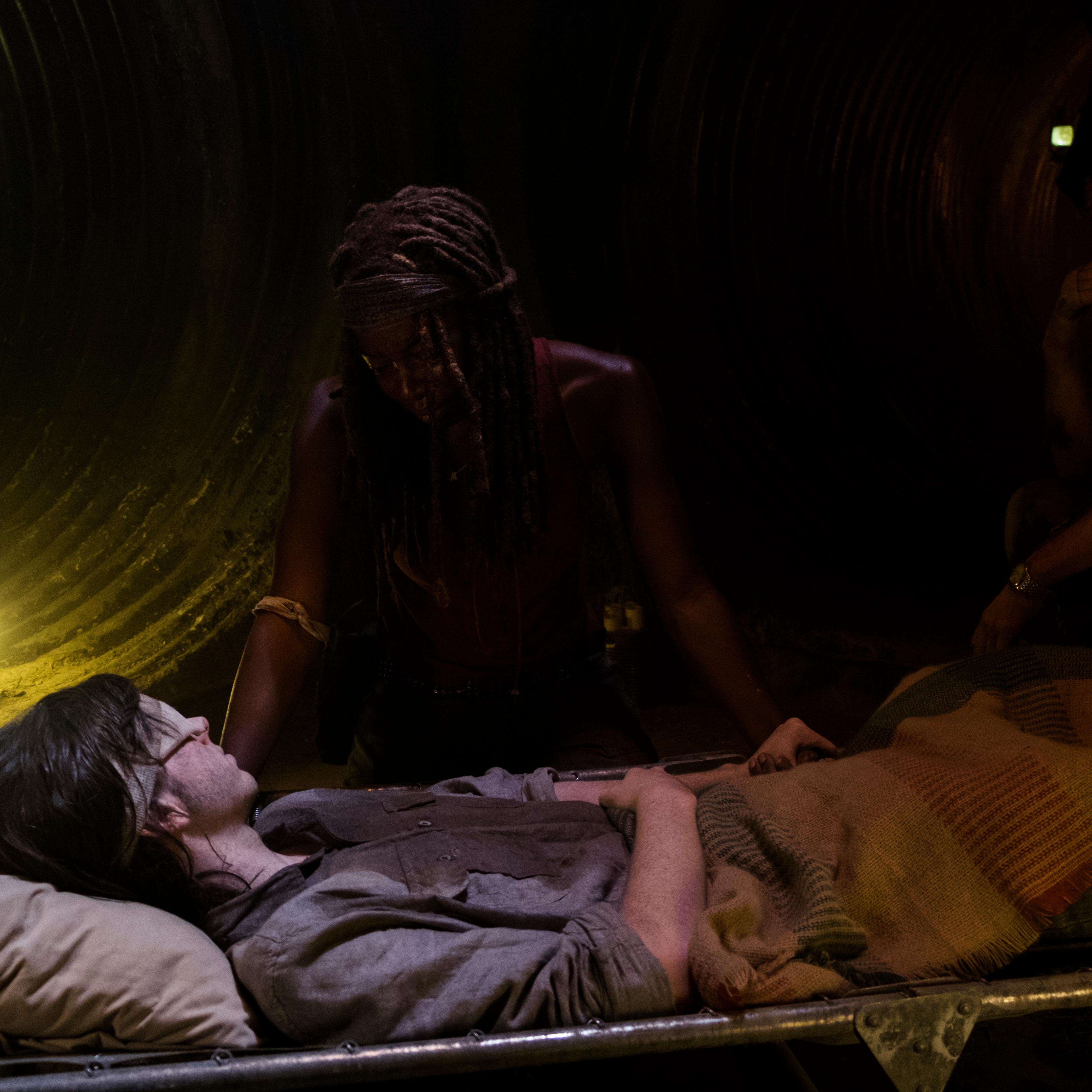 Andrew Lincoln as Rick Grimes, Chandler Riggs as Carl Grimes, Danai Gurira as Michonne - The Walking Dead
