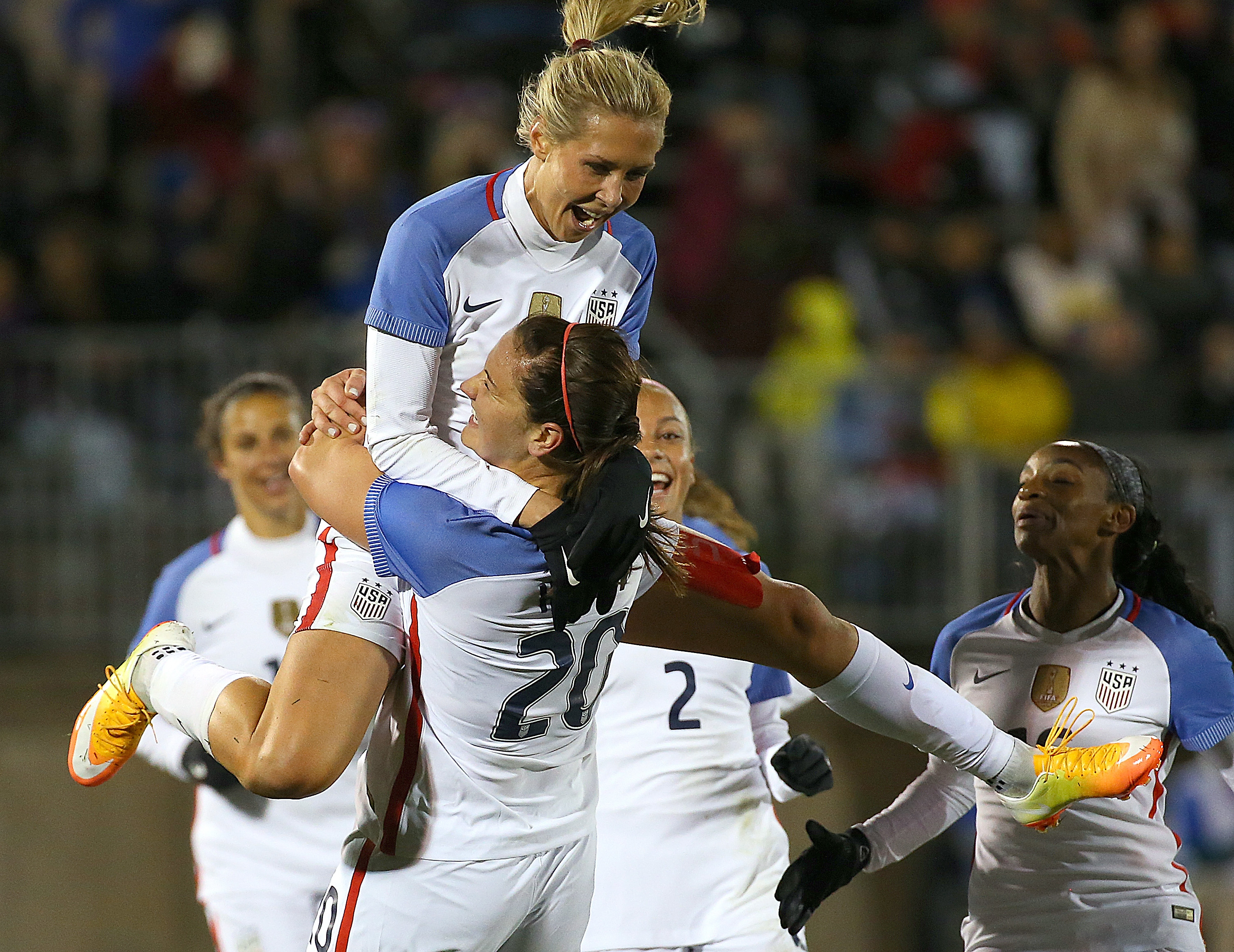 Christen Press #23 of the United States celebrates her goal with Lindsey Horan #20 against Colombia during an international friendly soccer match at the Pratt & Whitney Stadium on April 6, 2016 in East Hartford, Connecticut.