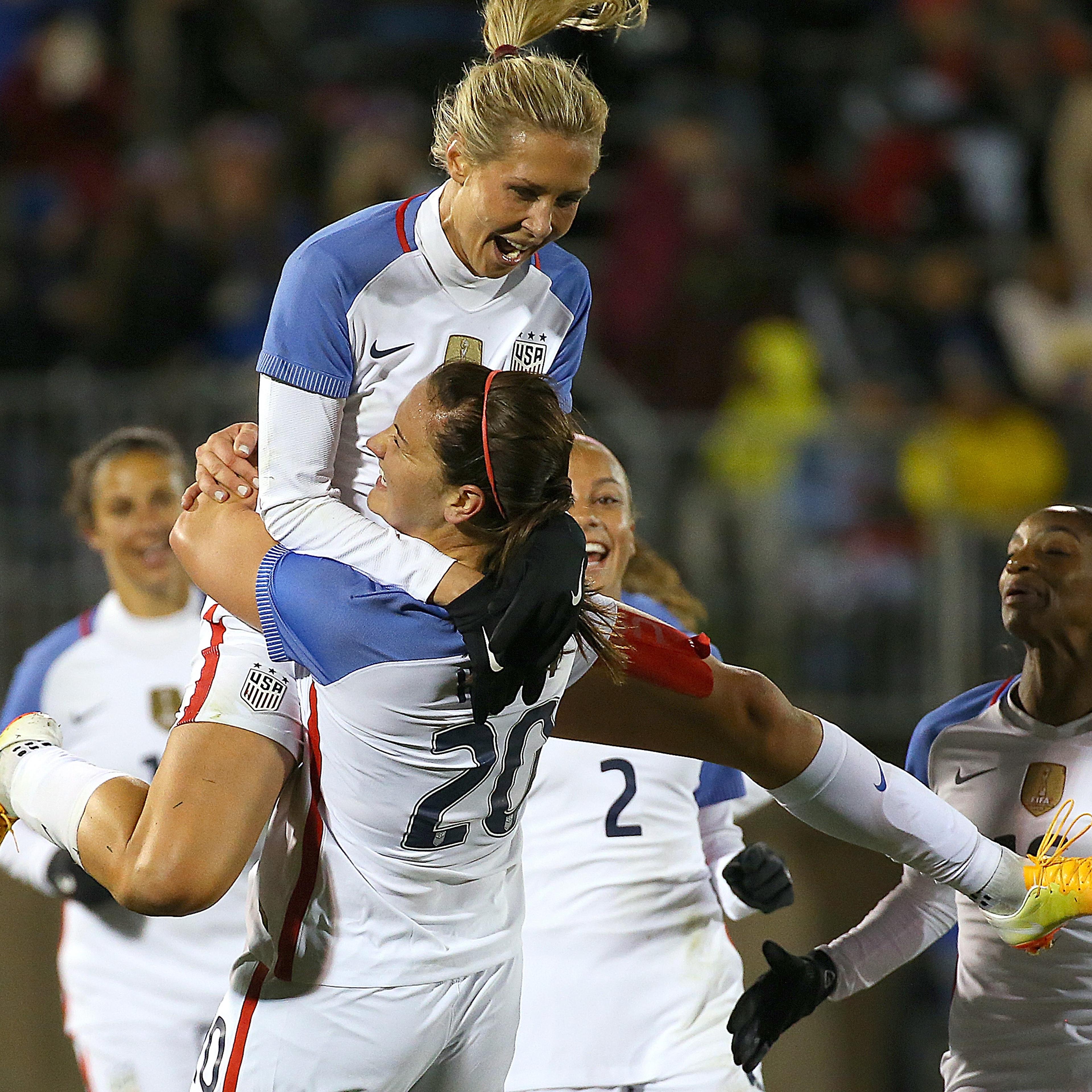 Christen Press #23 of the United States celebrates her goal with Lindsey Horan #20 against Colombia during an international friendly soccer match at the Pratt & Whitney Stadium on April 6, 2016 in East Hartford, Connecticut.