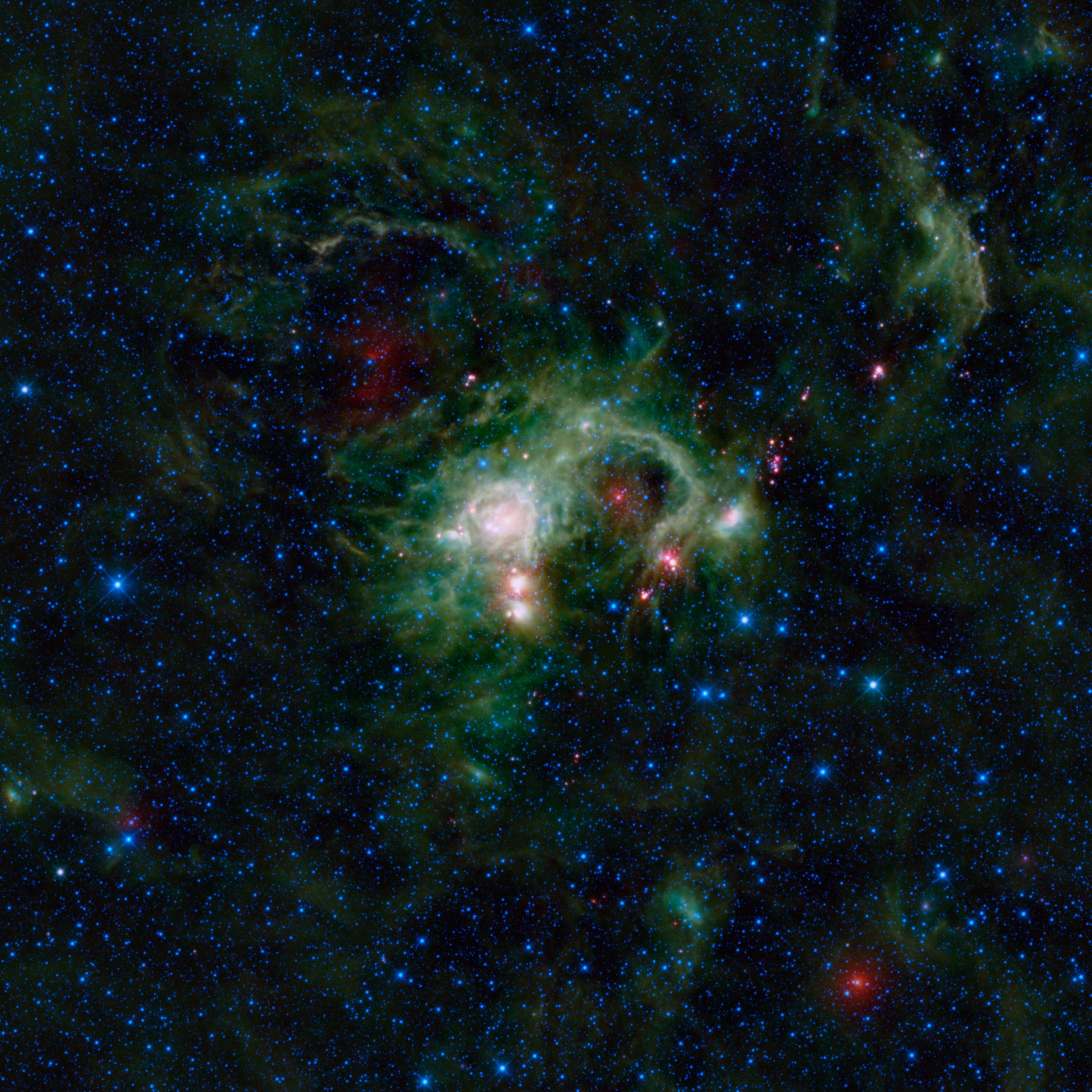 In the Perseus spiral arm of the Milky Way galaxy, opposite the galactic center, lies the nebula SH 2-235, a huge star formation complex. WISE.