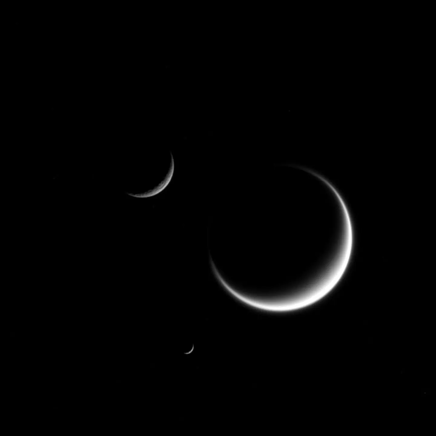 Triple crescent moons Cassini Titan Mimas Rhea