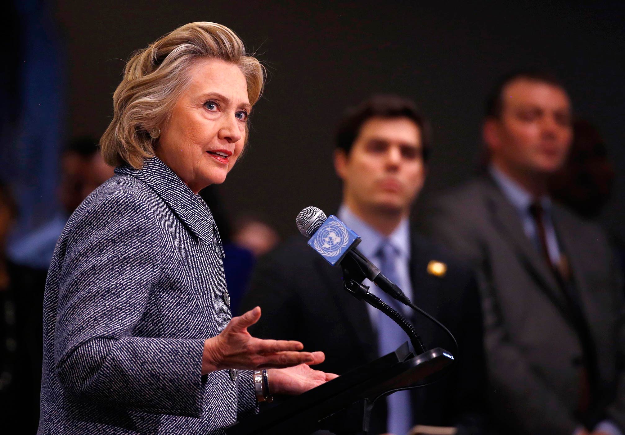 Former U.S. Secretary of State Hillary Clinton speaks during a press conference at the United Nations in New York