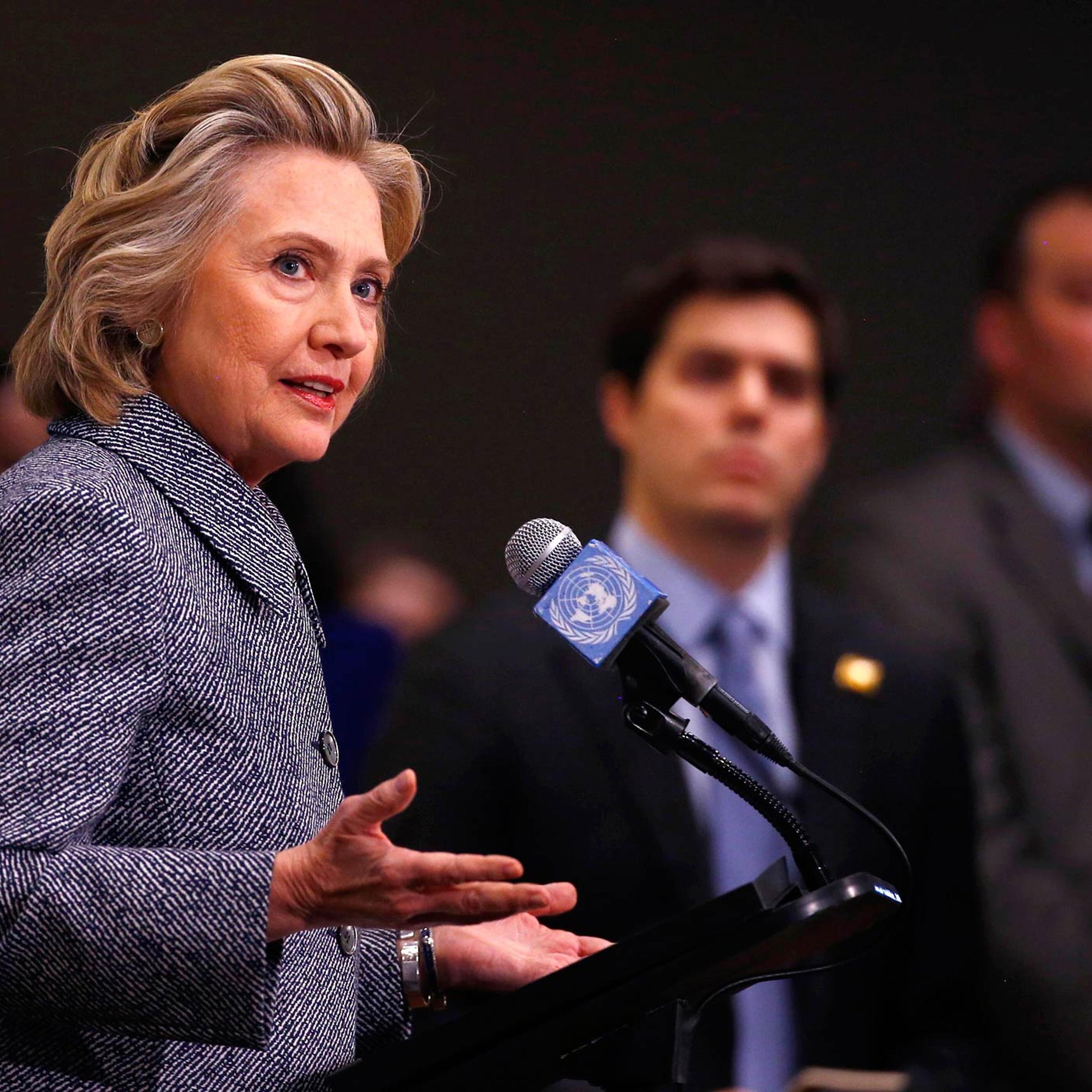 Former U.S. Secretary of State Hillary Clinton speaks during a press conference at the United Nations in New York