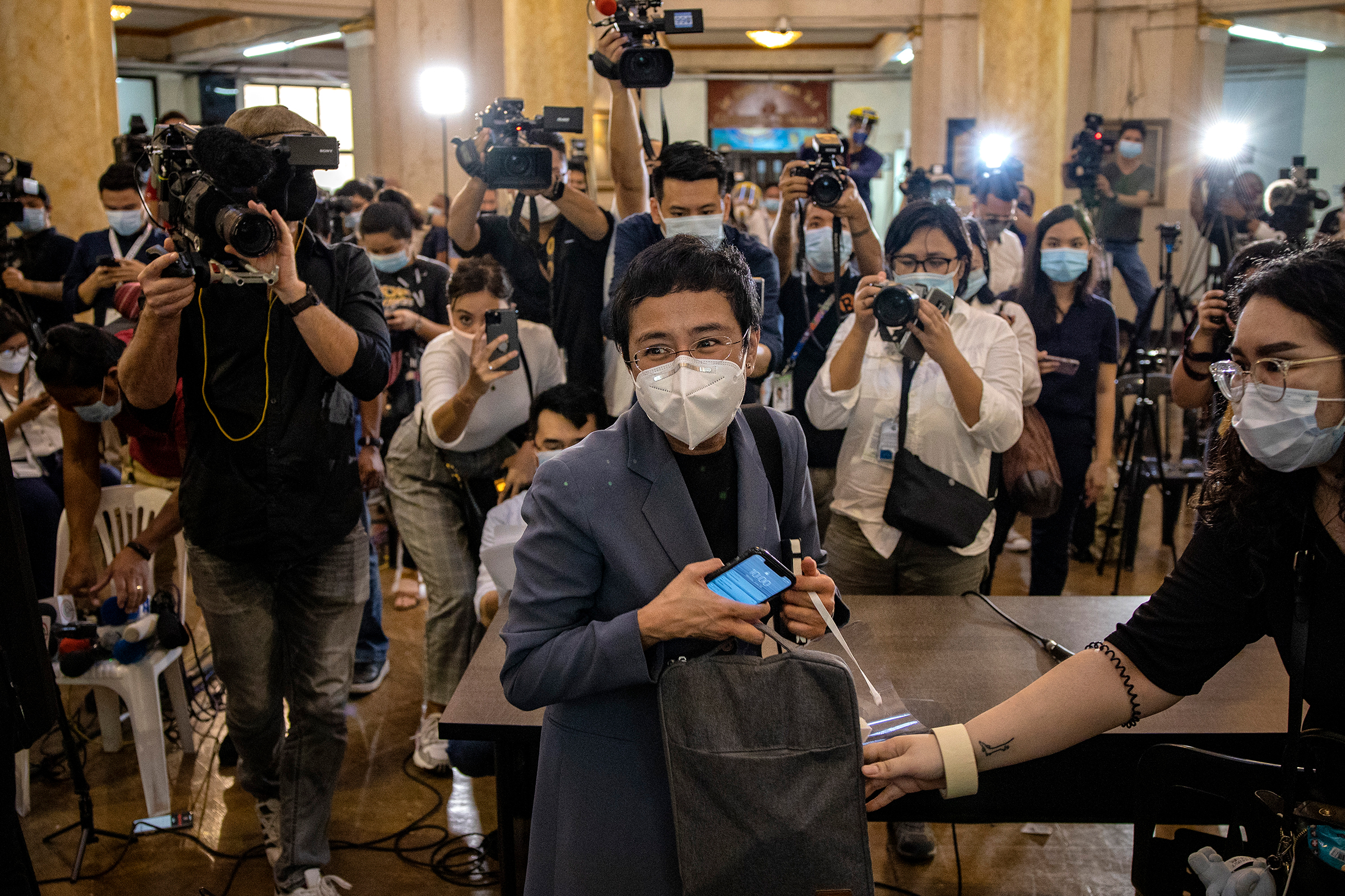 Maria Ressa, editor and CEO of Rappler, leaves a regional trial court after being convicted for cyber libel, in Manila on June 15, 2020. Ressa and Dmitry Muratov of Russia were awarded the 2021 Nobel Peace Prize on Oct. 8.