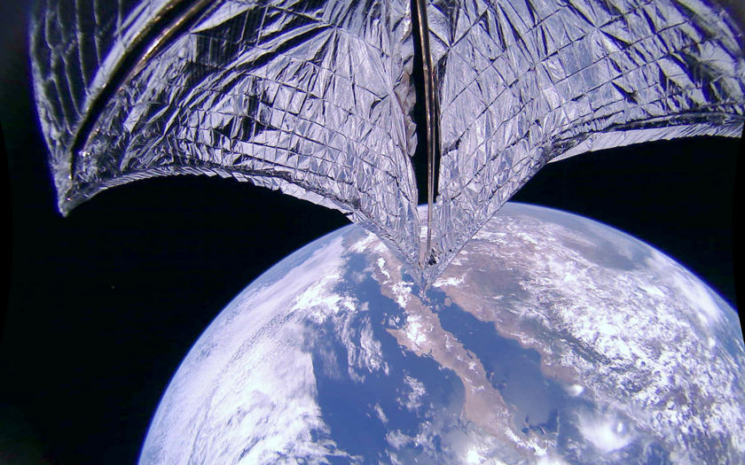 An image taken during the LightSail 2 sail deployment sequence. Baja California and Mexico are visible in the background.
