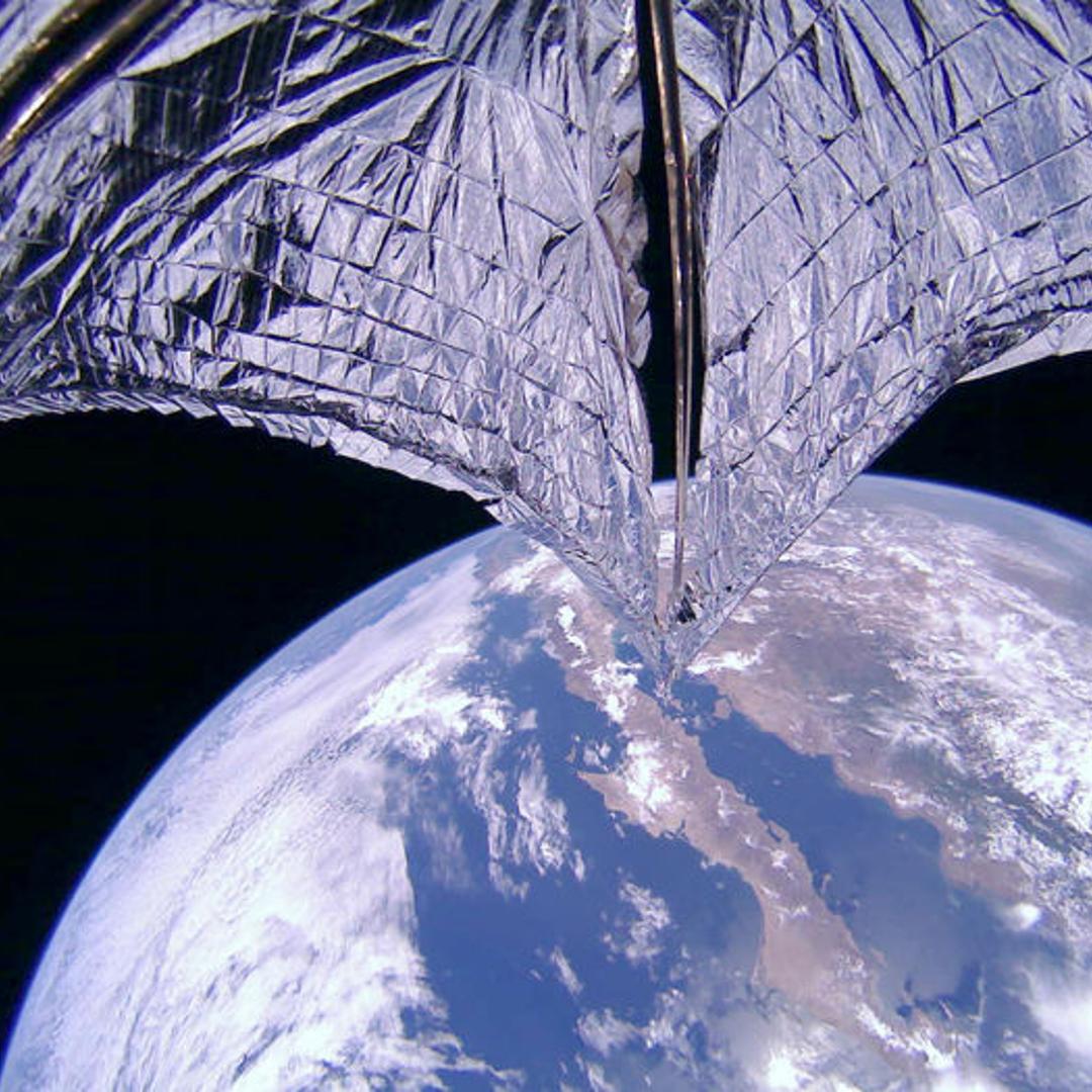 An image taken during the LightSail 2 sail deployment sequence. Baja California and Mexico are visible in the background.