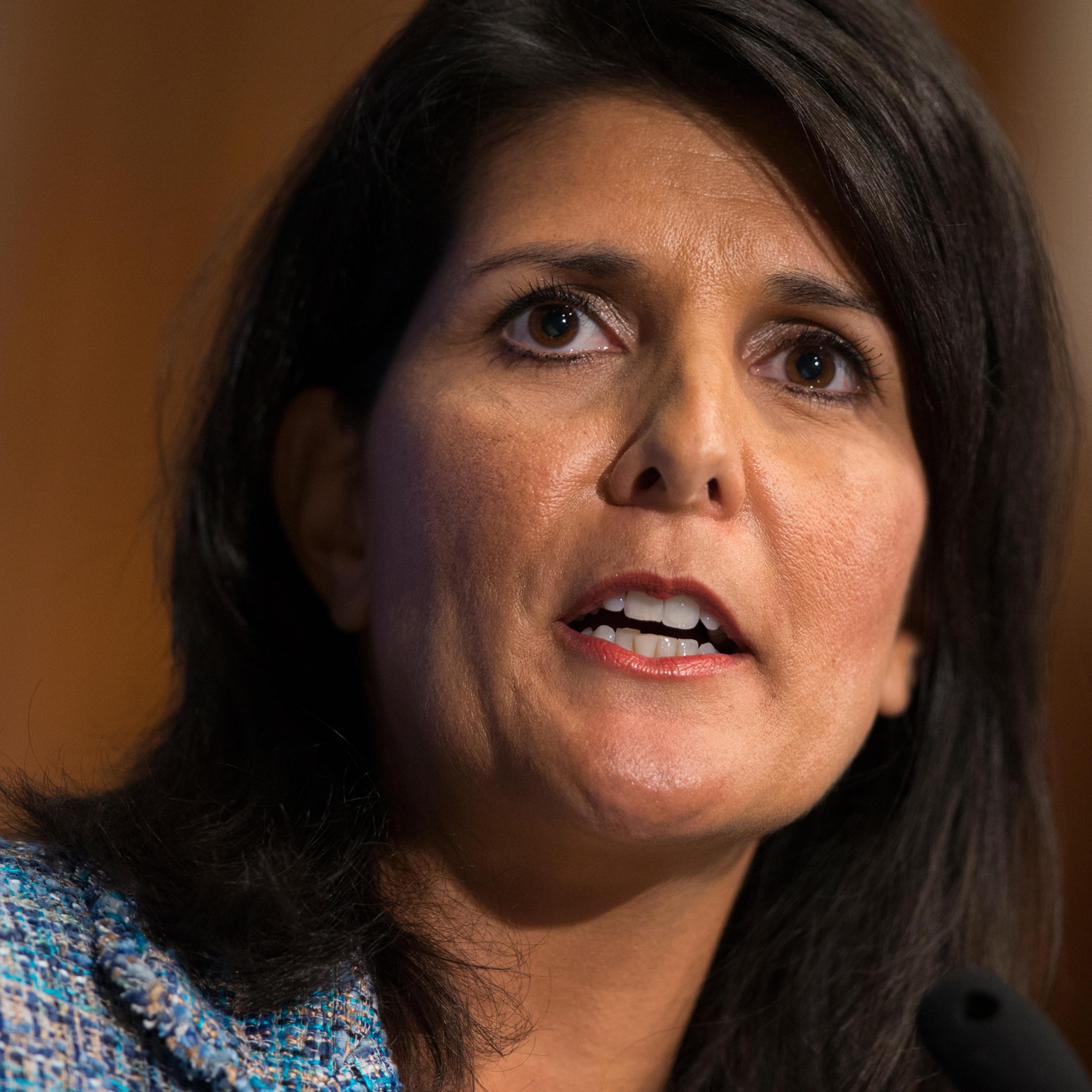 Gov. Nikki Haley, R- S.C., delivers a speech on "Lessons from the New South" during a luncheon at the National Press Club, on Wednesday, Sept. 2, 2015, in Washington. (AP Photo/Evan Vucci)