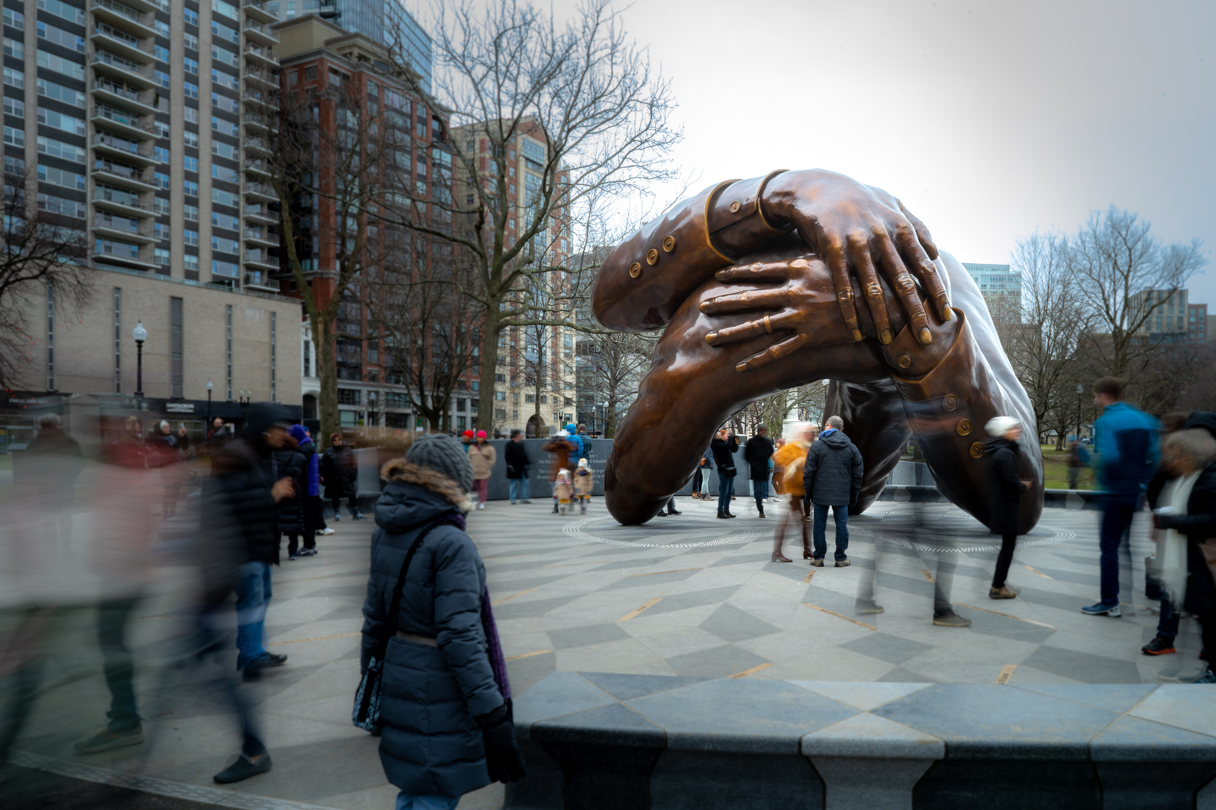 "The Embrace," by artist Hank Willis Thomas, representing an embrace between Martin Luther King Jr. and his wife Coretta Scott King, seen in January. 
