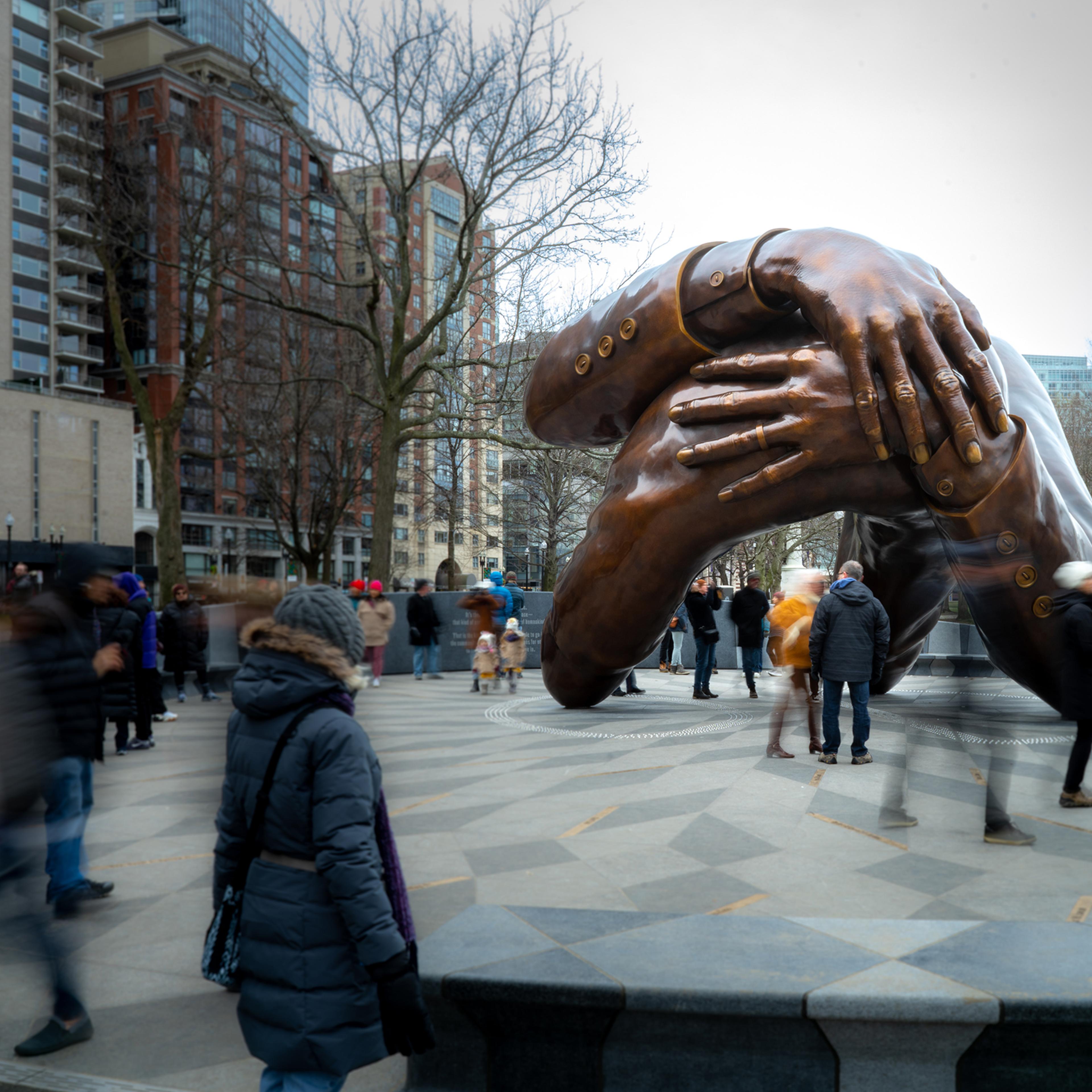 "The Embrace," by artist Hank Willis Thomas, representing an embrace between Martin Luther King Jr. and his wife Coretta Scott King, seen in January.
