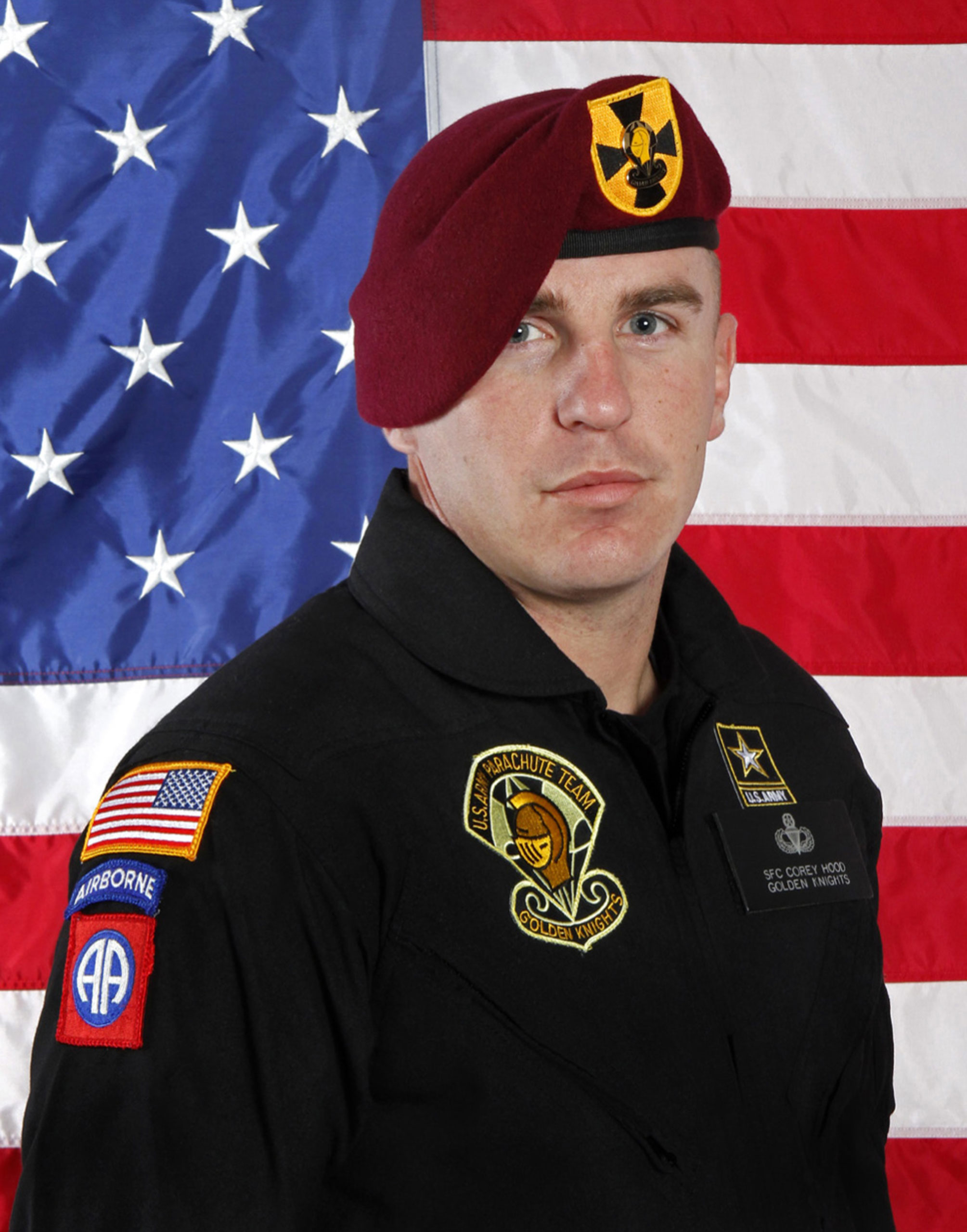 This undated photo provided by the U.S. Army shows Sgt. 1st Class Corey Hood. A parachutist the Army Golden Knights, Hood died Sunday after suffering severe injuries from an accident during a stunt on Saturday at the Chicago Air & Water Show, the Cook Co