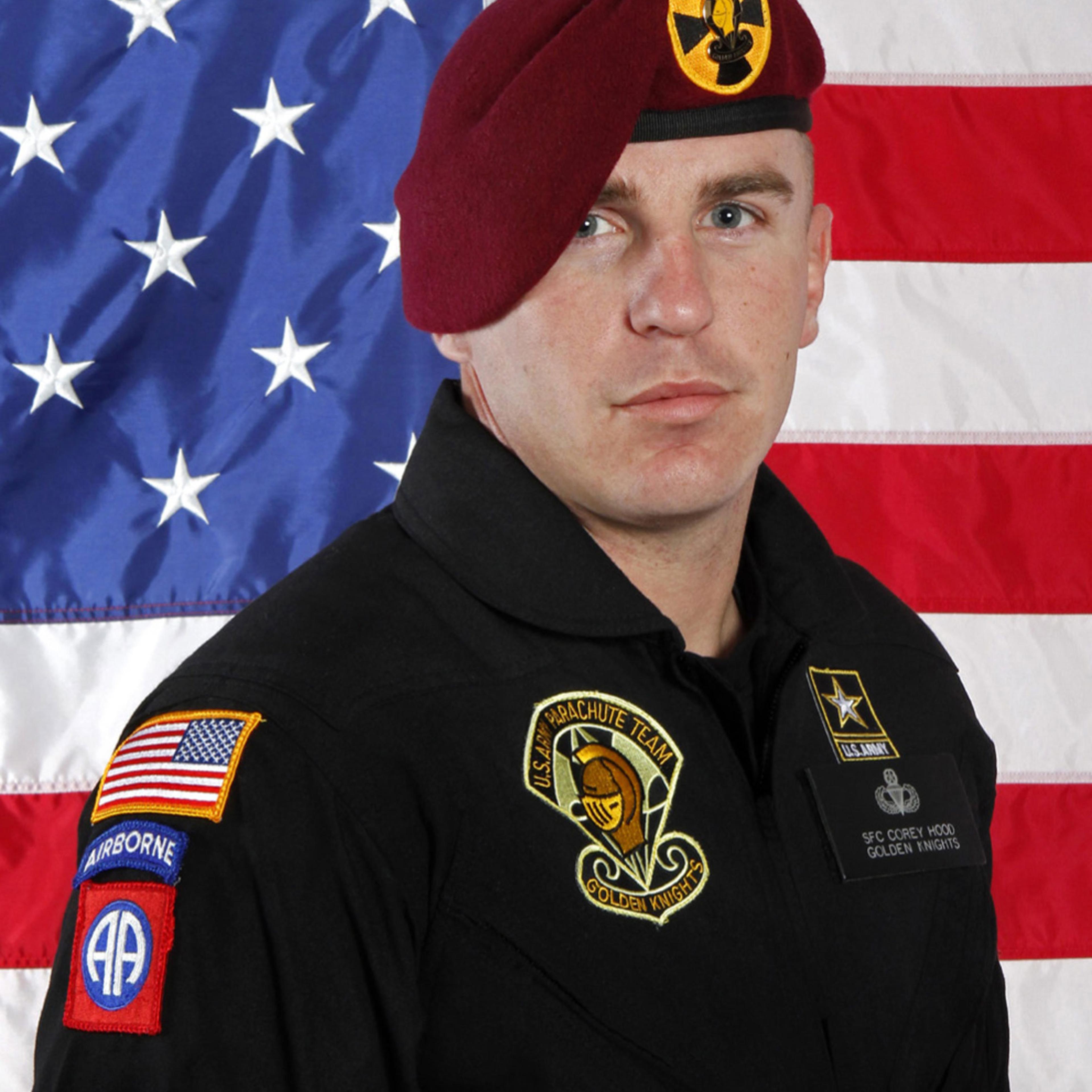 This undated photo provided by the U.S. Army shows Sgt. 1st Class Corey Hood. A parachutist the Army Golden Knights, Hood died Sunday after suffering severe injuries from an accident during a stunt on Saturday at the Chicago Air & Water Show, the Cook Co