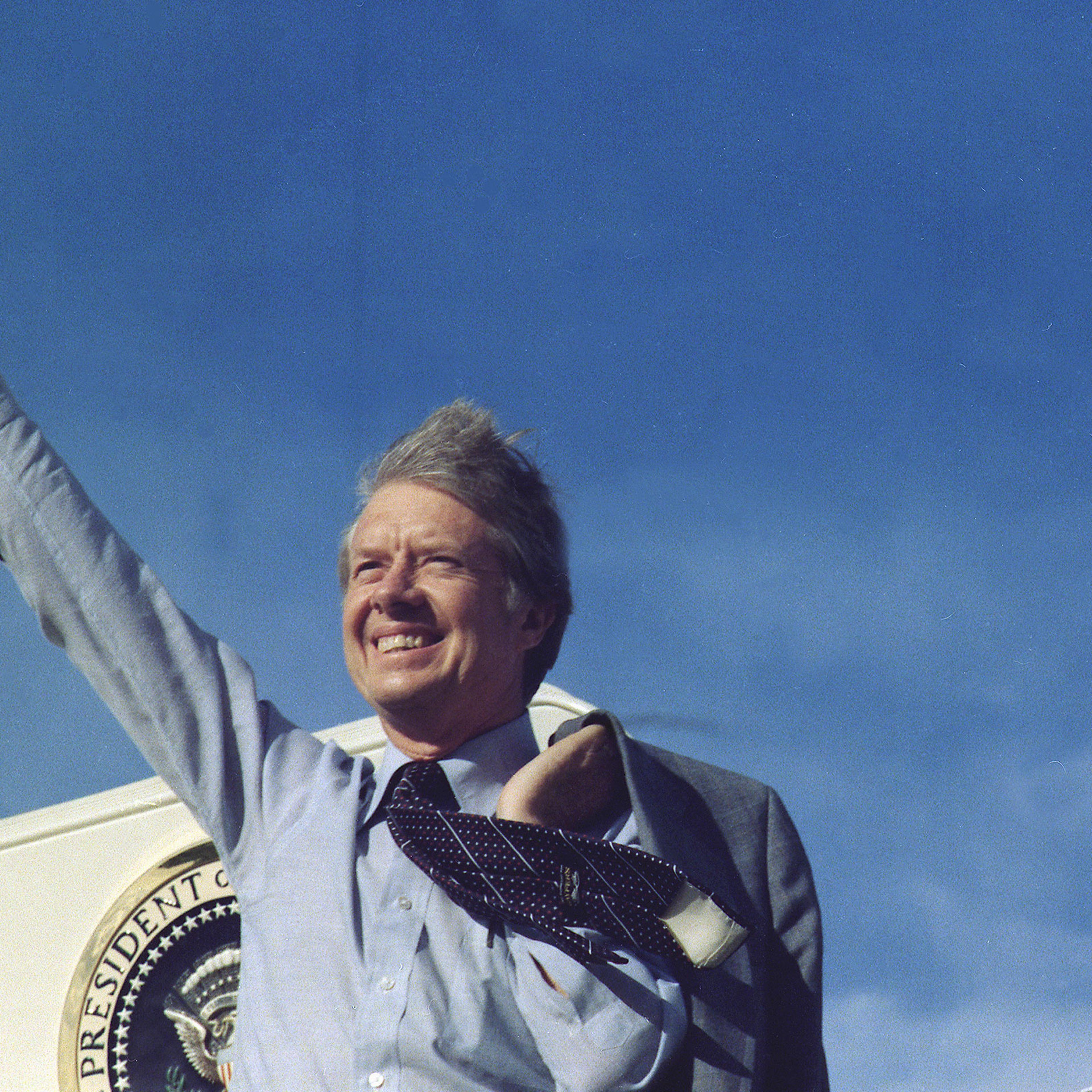 Jimmy Carter waving from Air Force One ca. May 1977.