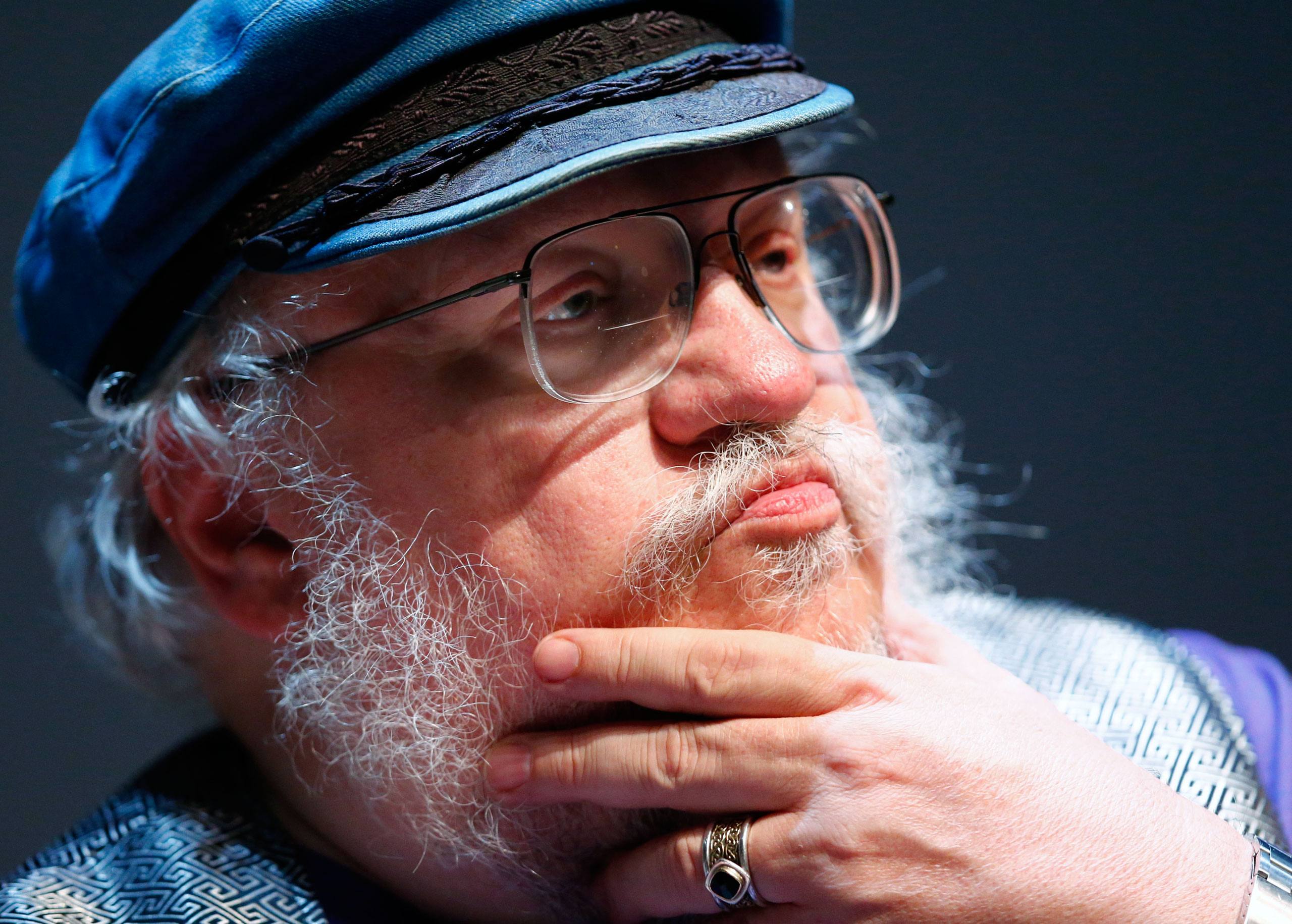 George R.R. Martin gestures during his masterclass at the NIFFF in Neuchatel