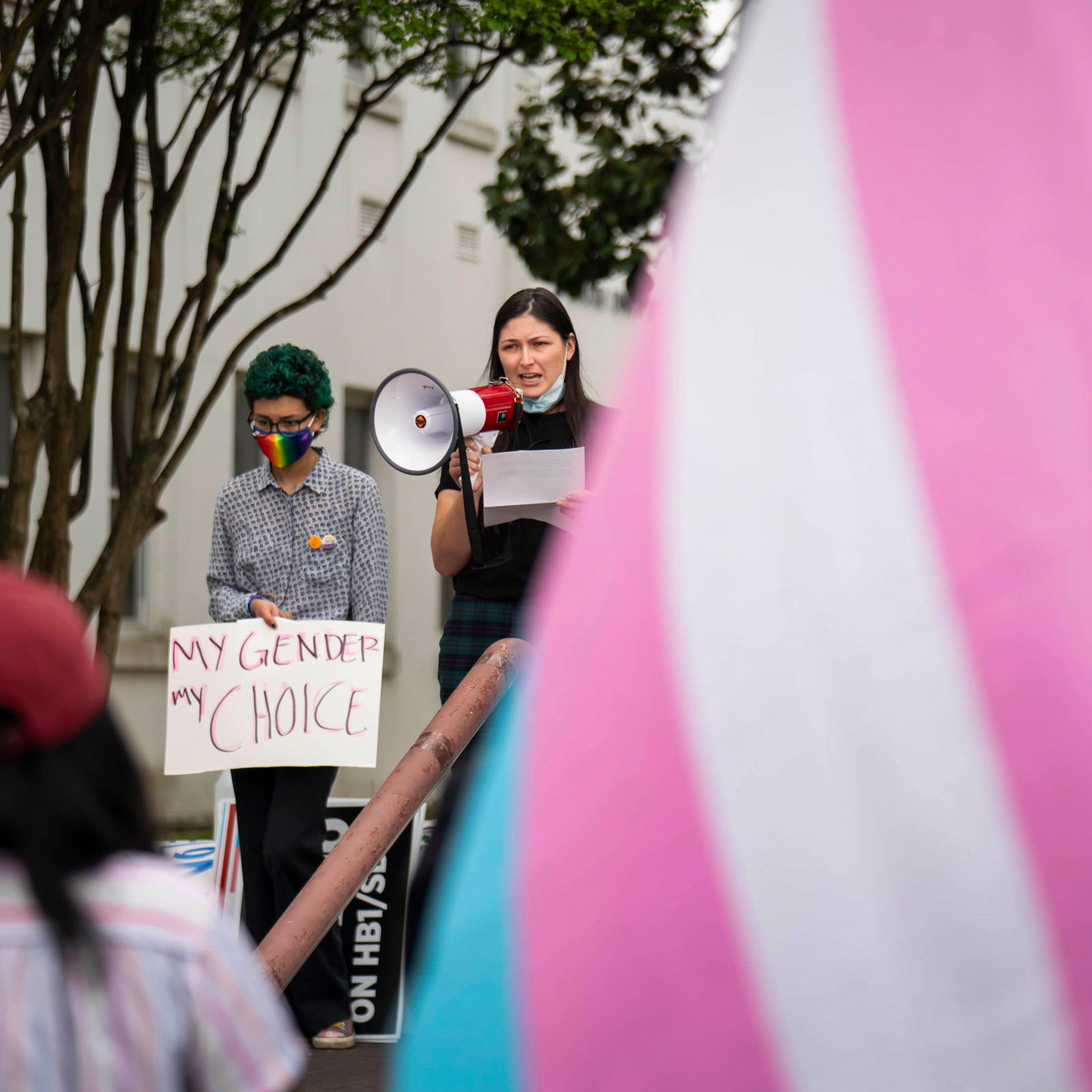 Supporters of transgender rights rally outside the Alabama State House