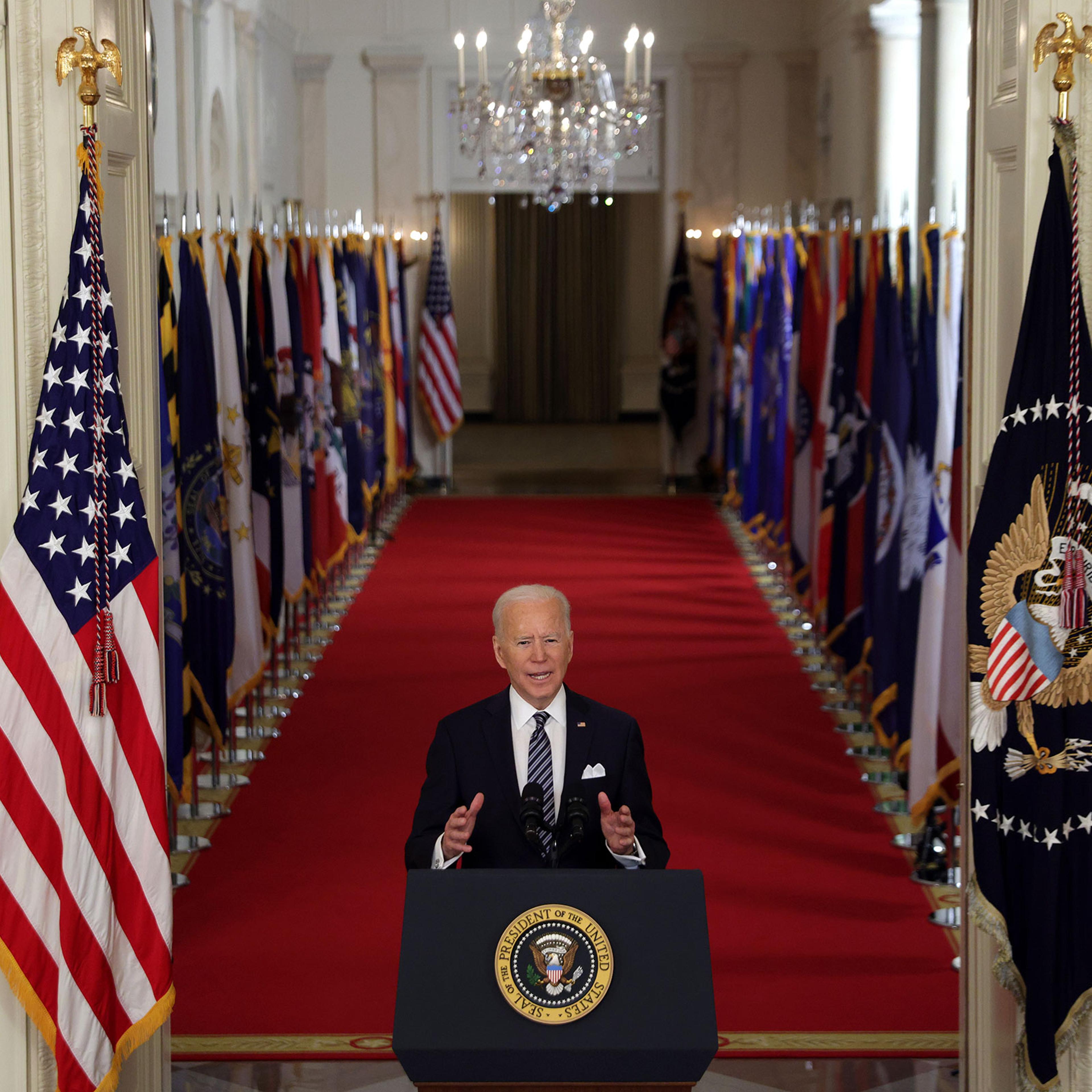 President Joe Biden speaks as he gives a primetime address to the nation from the East Room of the White House in Washington, on March 11, 2021.