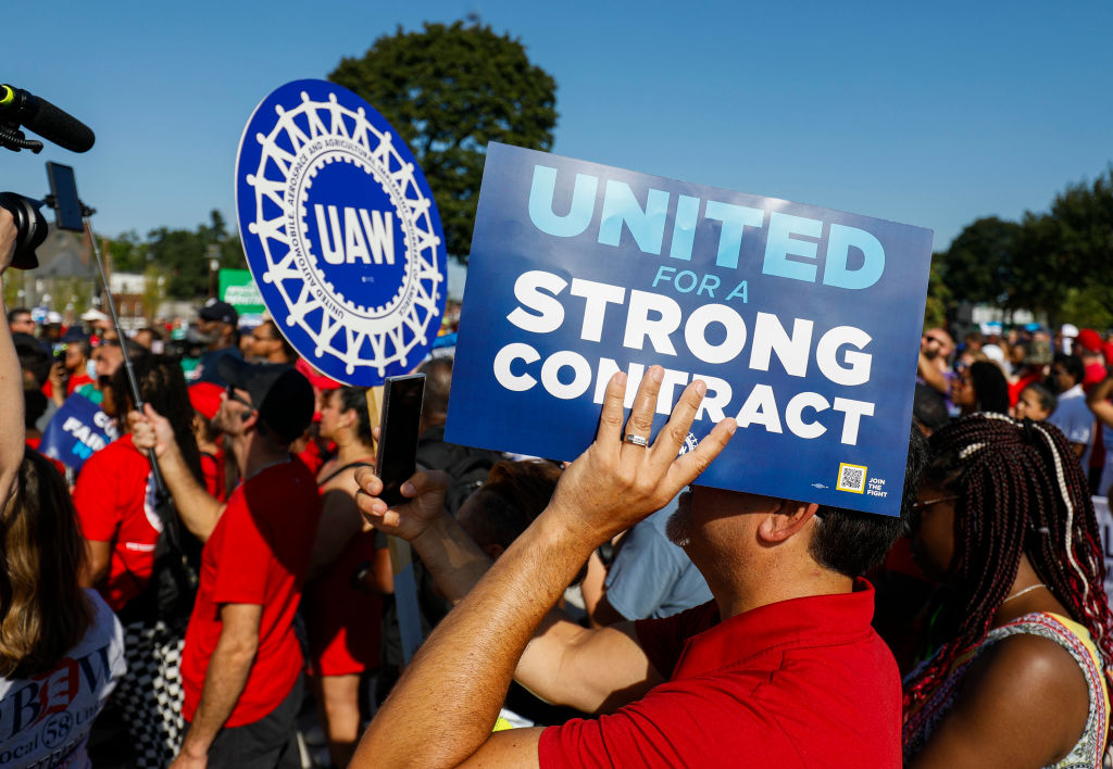 United Auto Workers members gather for a rally after marching in the Detroit Labor Day Parade on Sept. 4, 2023 in Detroit, Michigan.