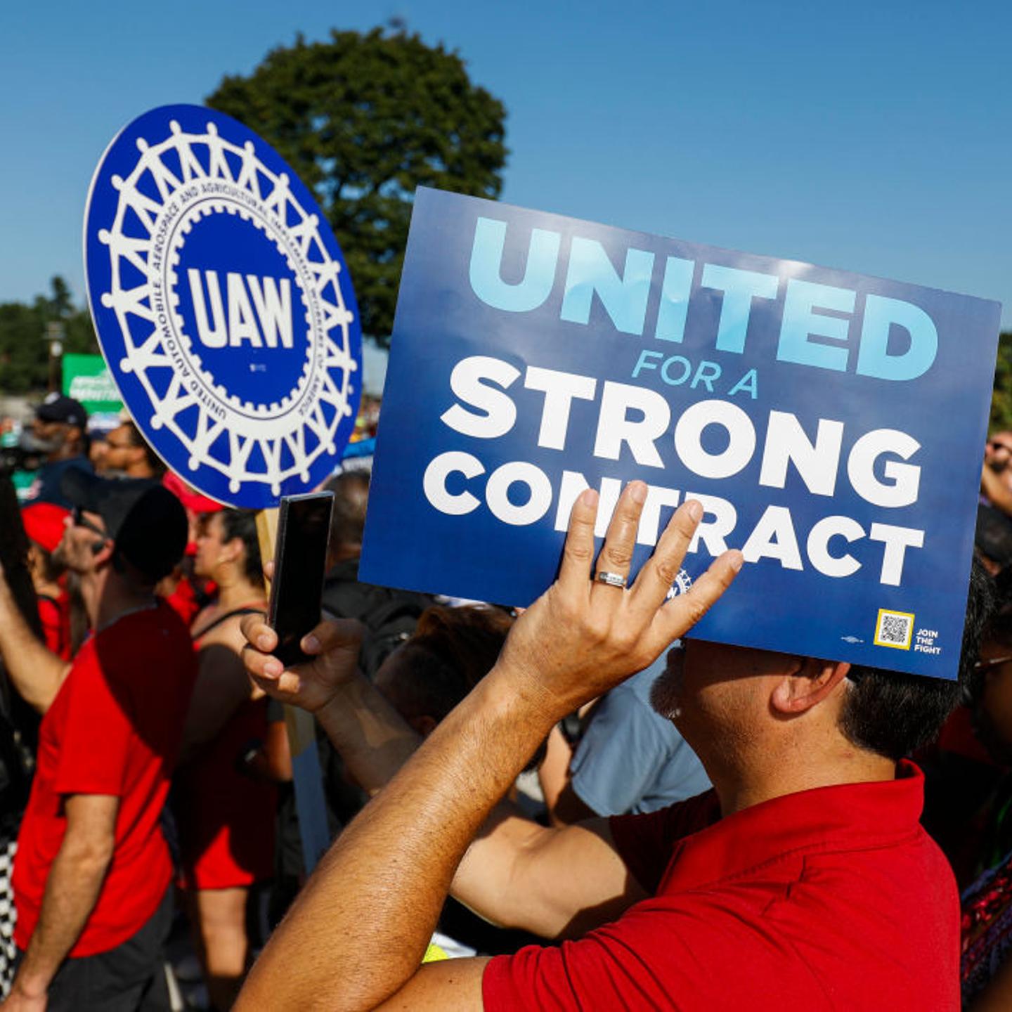 United Auto Workers members gather for a rally after marching in the Detroit Labor Day Parade on Sept. 4, 2023 in Detroit, Michigan.