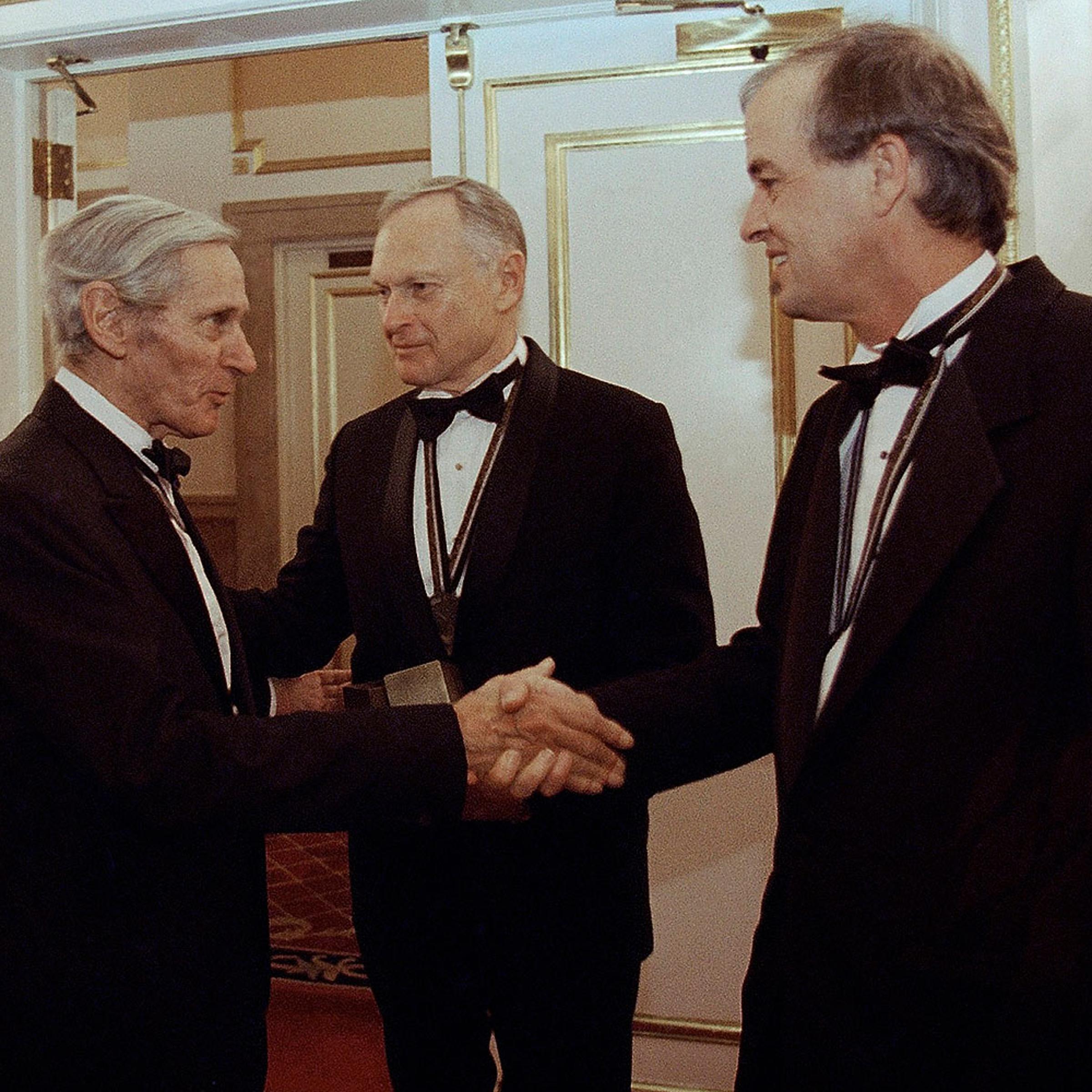 In this Nov. 16, 1994, file photo, The National Book Awards prize winning writers Sherwin B. Nuland, center, William Gaddis, left, and James Tate greet each other after the awards ceremony in New York. Nuland, has died at age 83
