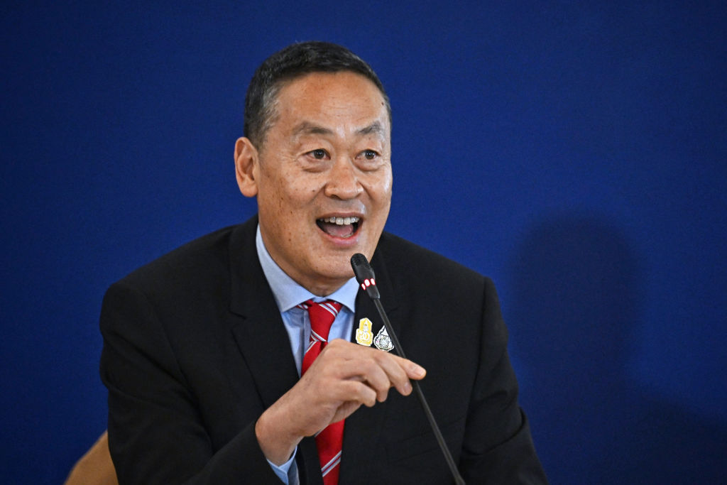 Thai Prime Minister Srettha Thavisin speaks during a presser regarding the government's proposed 10,000 baht digital wallet scheme at Government House in Bangkok on April 10, 2024.