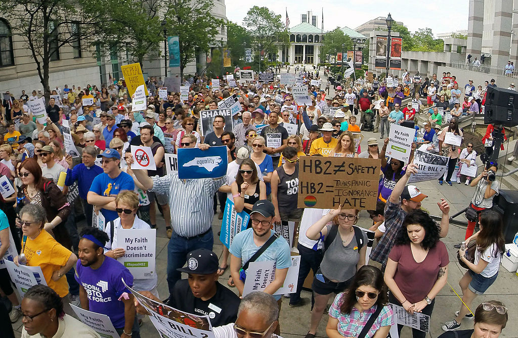 Several hundred supporters from the Moral Monday group crowd the Bicentennial Mall in support of repealing HB2 in Raleigh, N.C., on April 25, 2016.