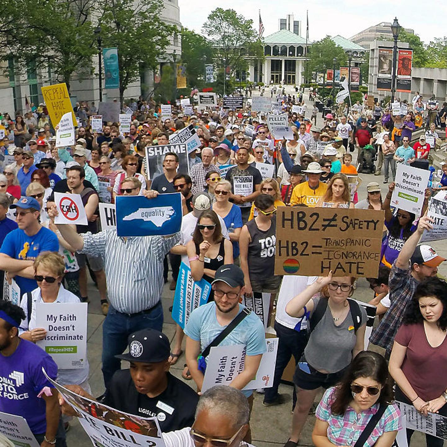 Several hundred supporters from the Moral Monday group crowd the Bicentennial Mall in support of repealing HB2 in Raleigh, N.C., on April 25, 2016.
