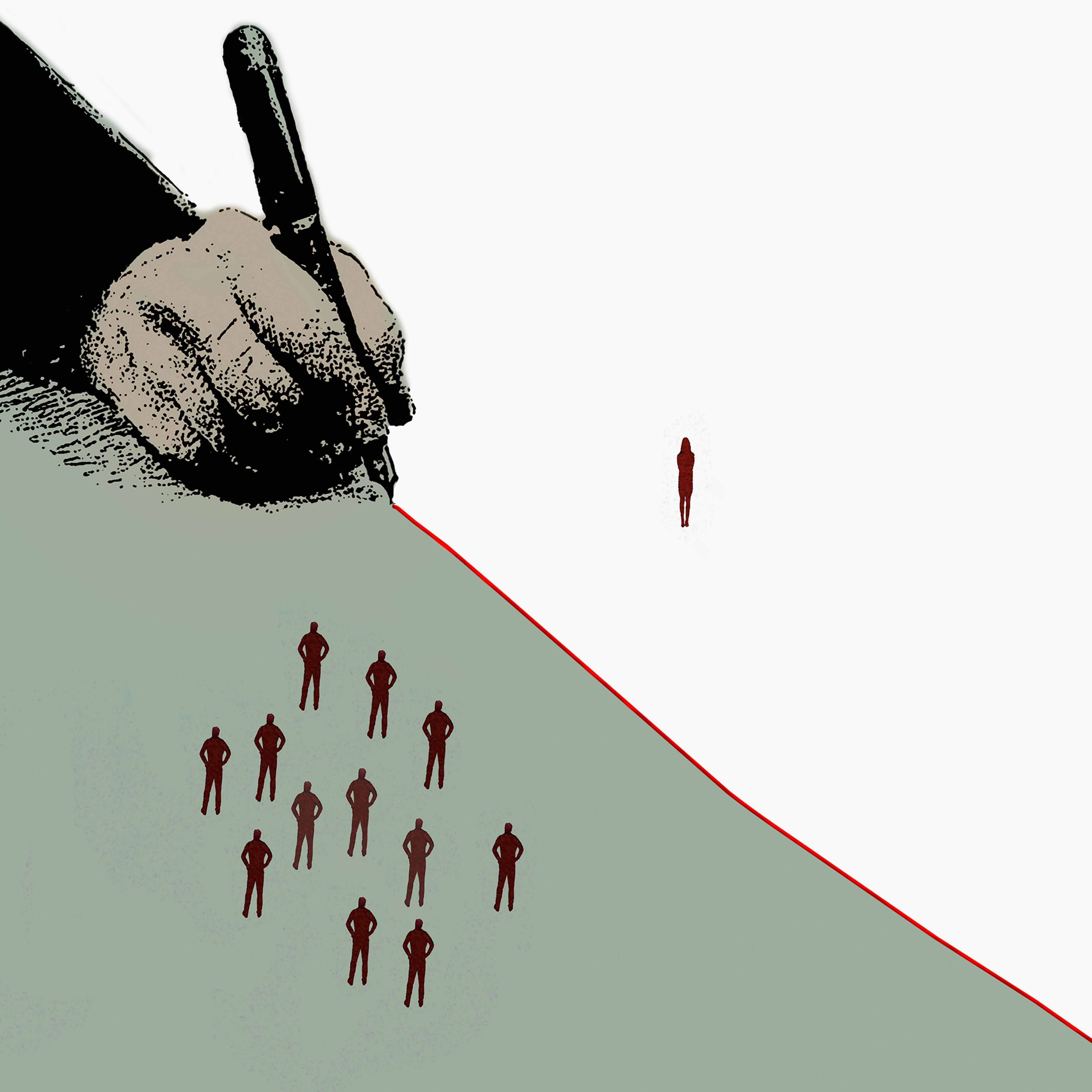 Hand drawing red dividing line separating woman from group of men