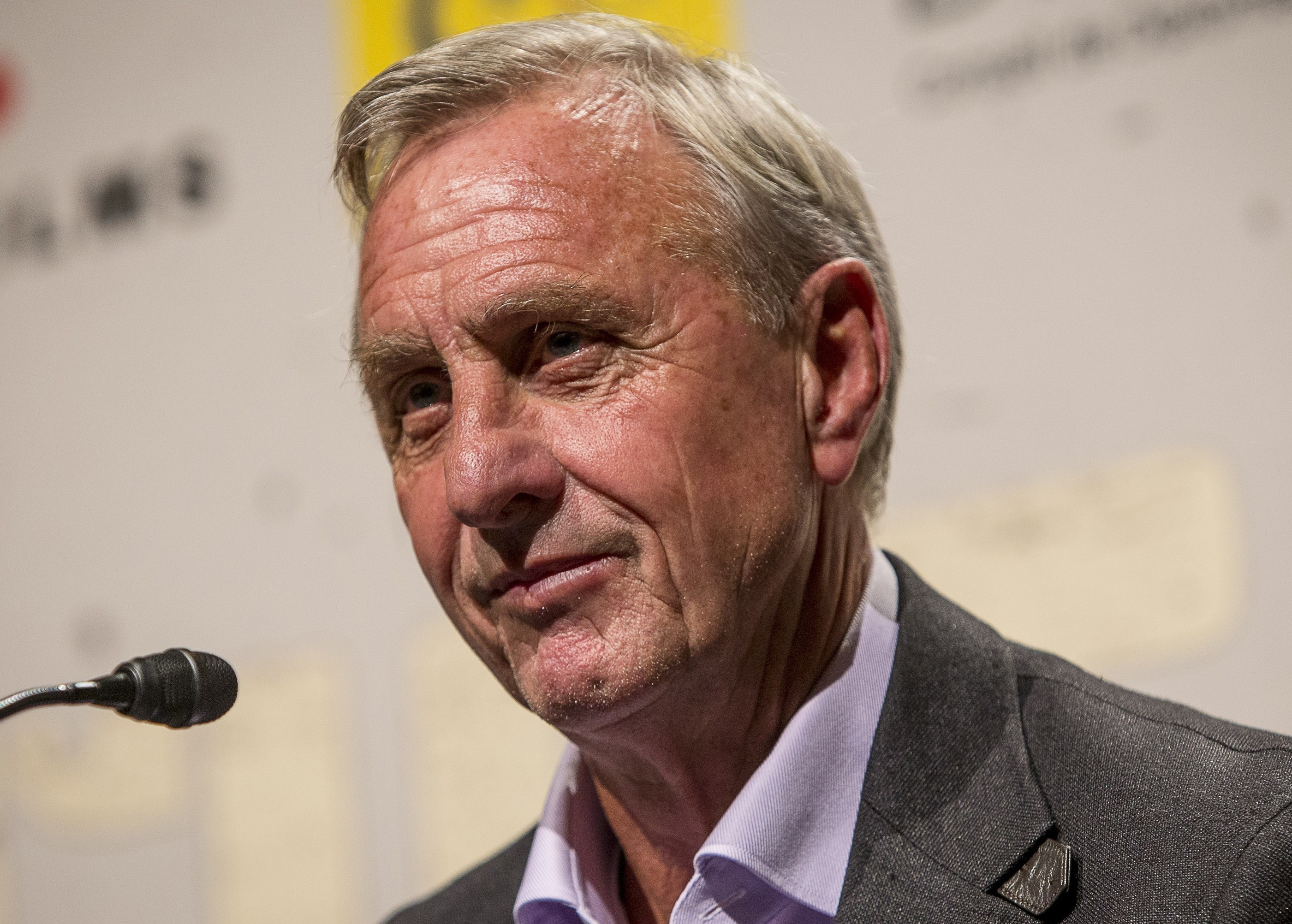 A file photo dated November 3, 2014 shows Dutch football coach Johan Cruyff delivers a speech during the presentation of the documentary named "The Last Match" in Barcelona, Spain on November 3, 2014.