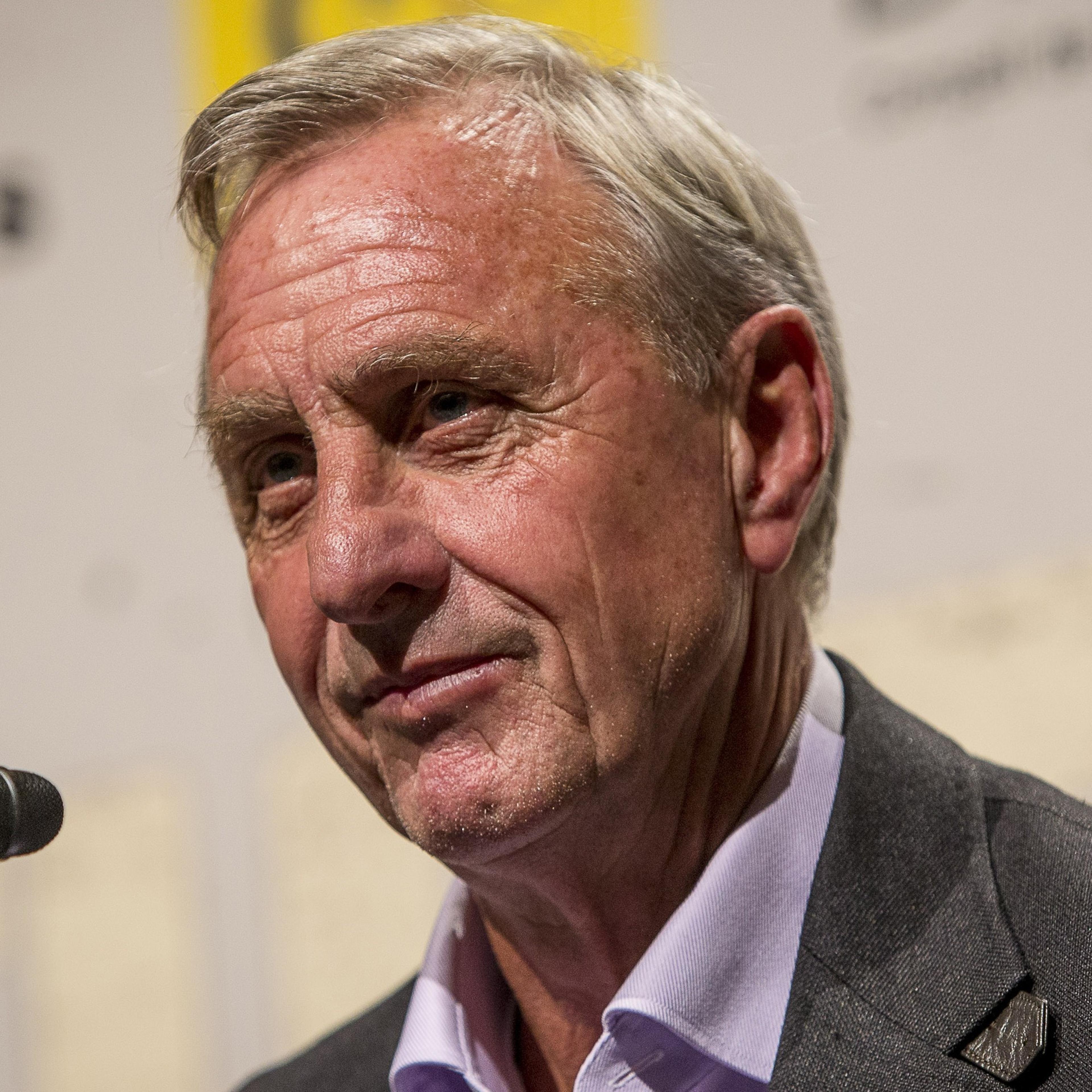 A file photo dated November 3, 2014 shows Dutch football coach Johan Cruyff delivers a speech during the presentation of the documentary named "The Last Match" in Barcelona, Spain on November 3, 2014.
